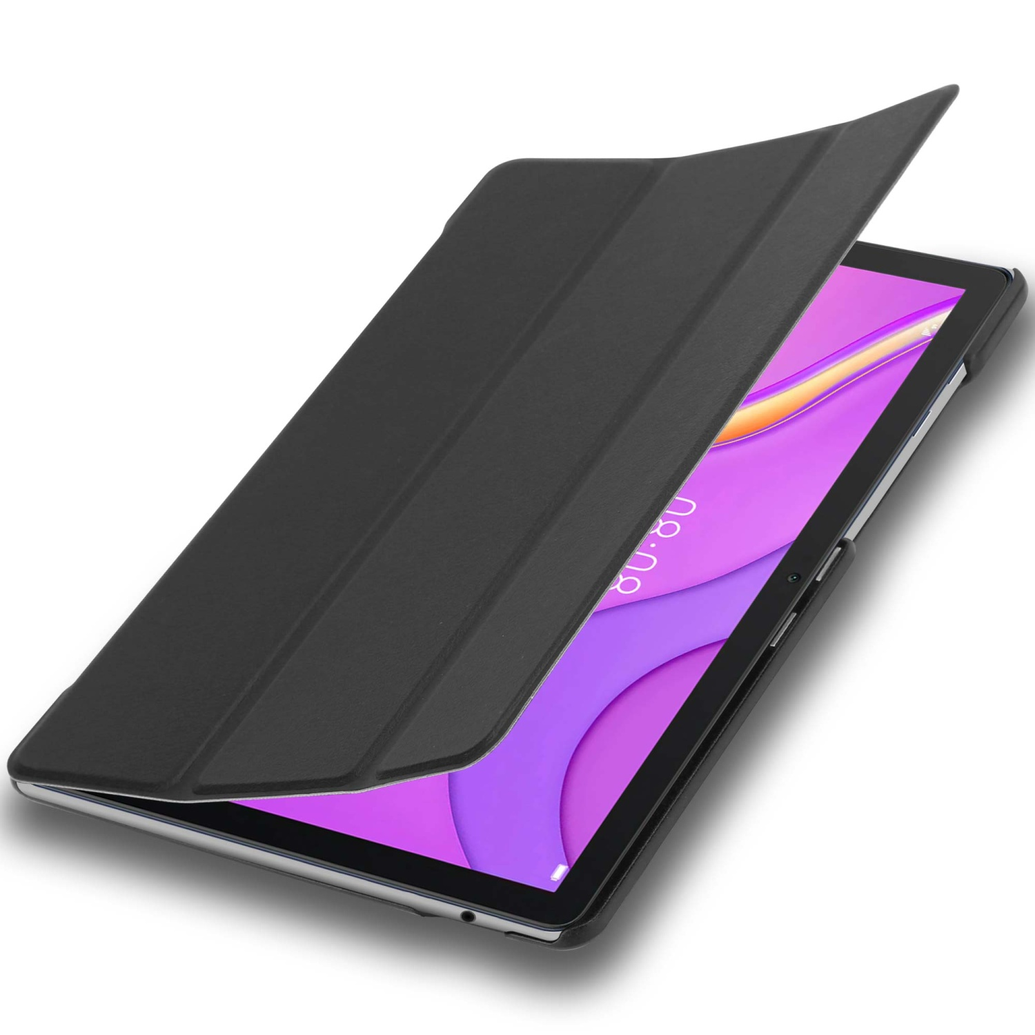Eine schwarze Tablet-Hülle mit teilweise geöffnetem Deckel, der den Bildschirm freigibt. Das Tablet ist schwarz mit pinkfarbenem Bildschirm.