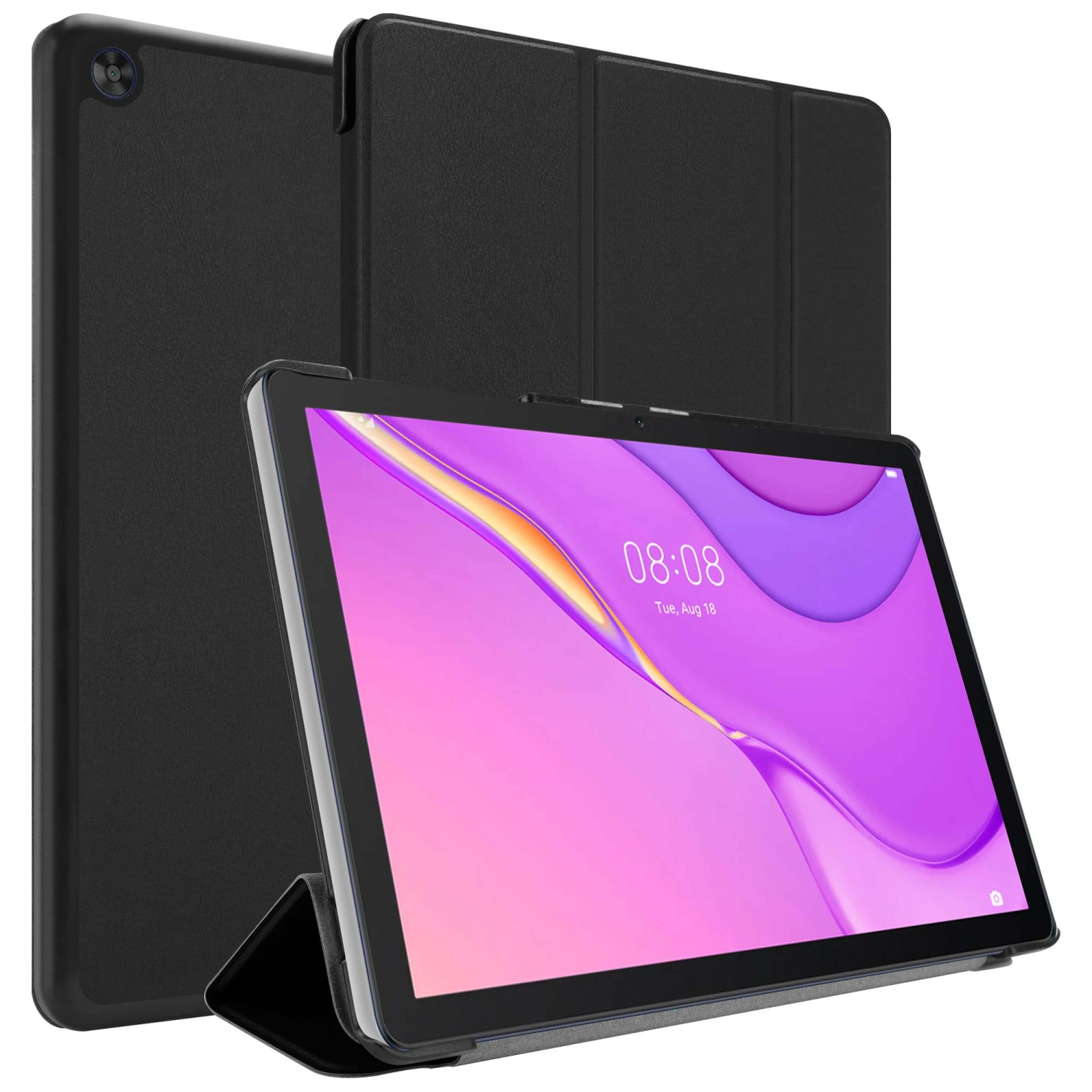 Ein schwarzes Tablet und eine schwarze Hülle mit einem Tablet darin. Das Tablet hat einen pinken und lila Bildschirm.