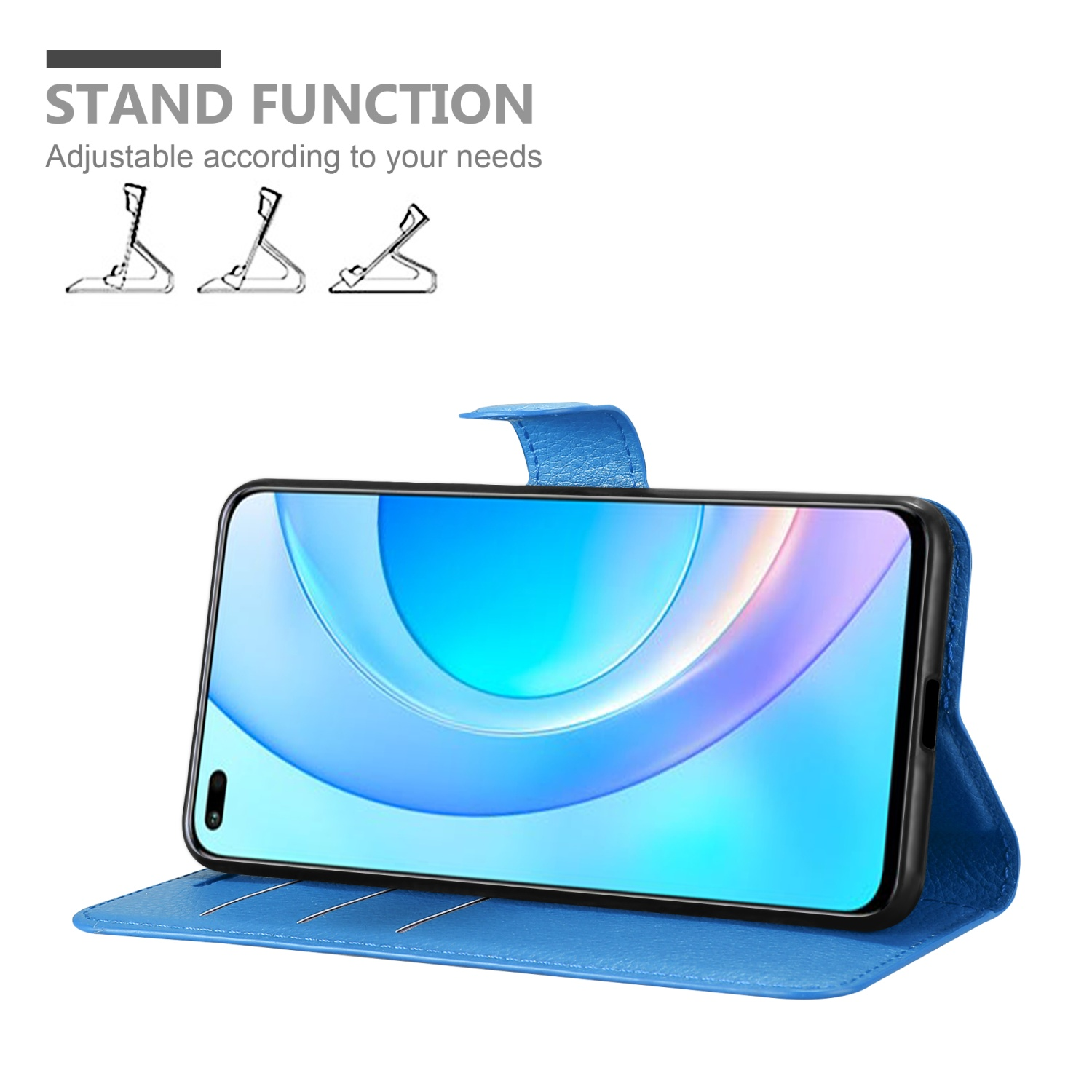 Telefono in custodia blu, aperto per stare in piedi. Testo: Funzione supporto. Lo schermo mostra uno sfondo astratto blu.