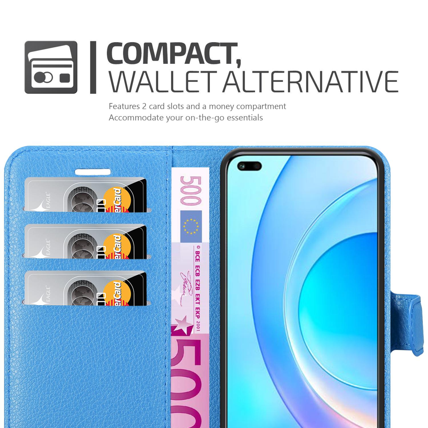 Custodia blu per telefono con carte e banconota da 500 euro. Testo: Alternativa portafoglio compatta. Con slot e scomparto.