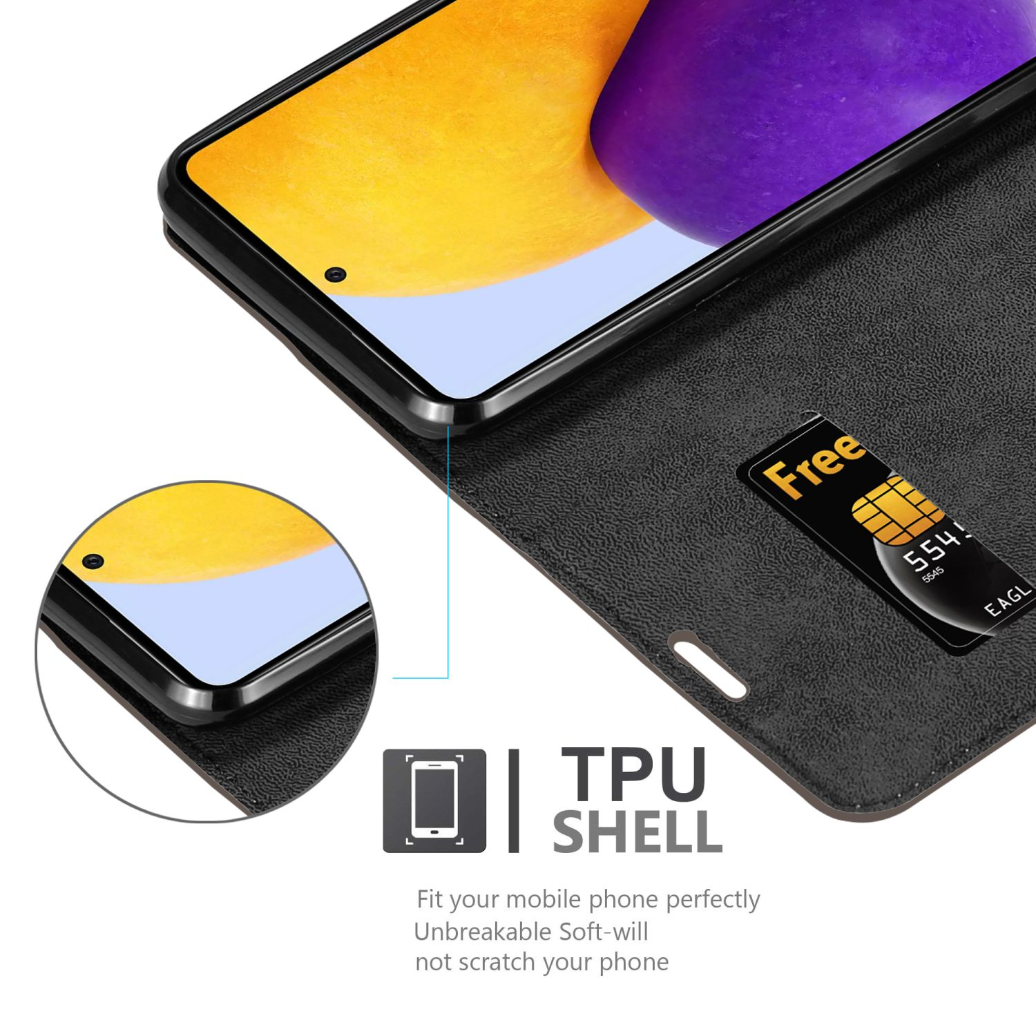 Custodia nera per telefono. Un telefono è all'interno. Una carta Free in uno slot. TPU SHELL.