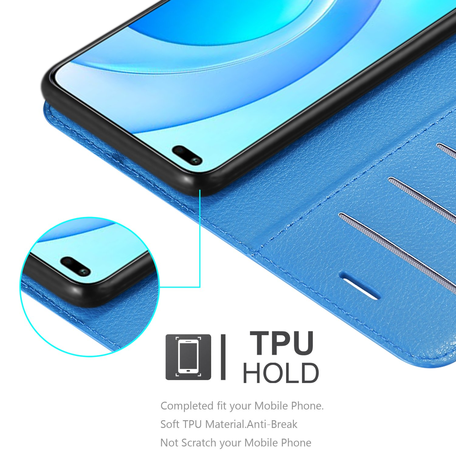 Custodia blu con un telefono, che mostra la tenuta in TPU.