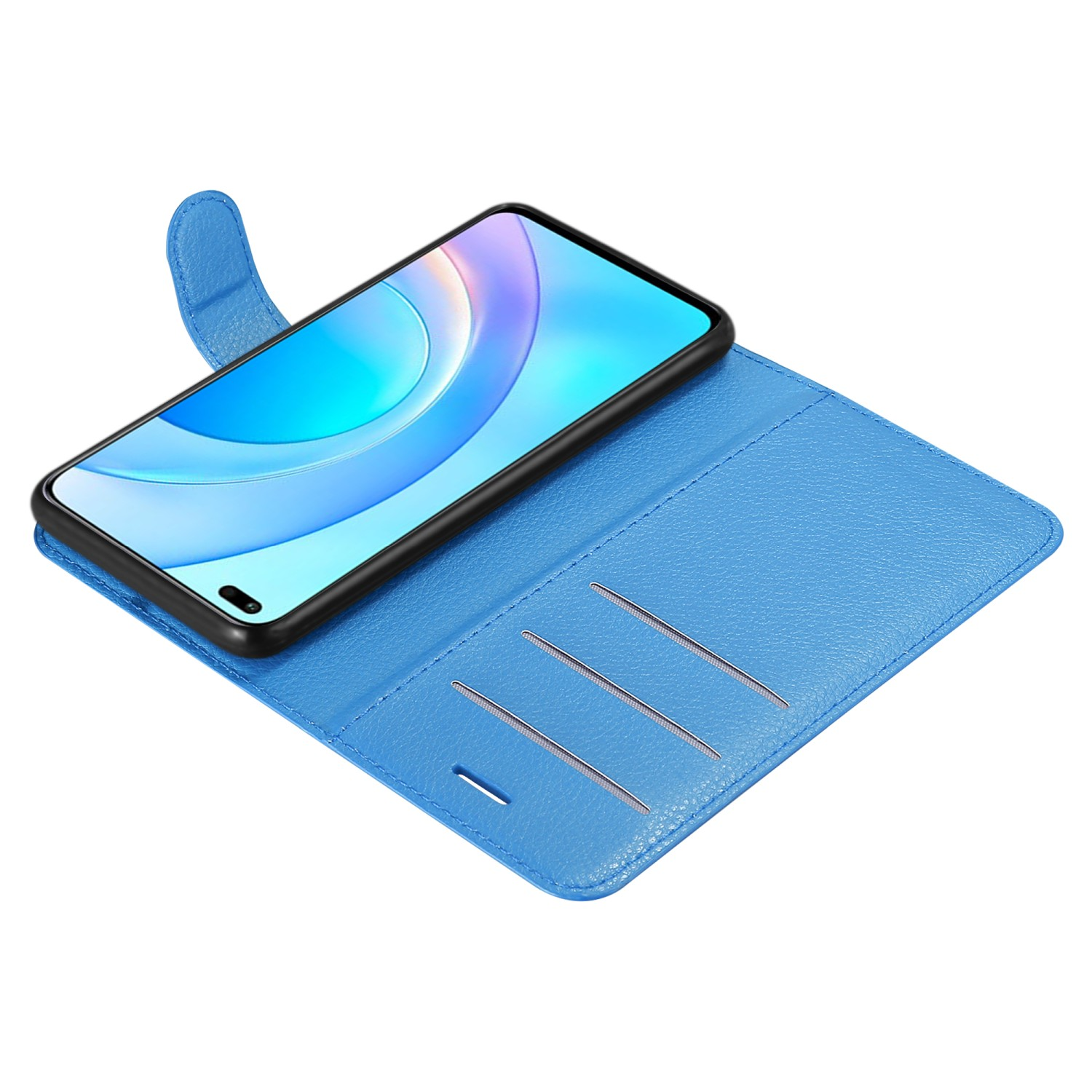 Una custodia per telefono blu è aperta con un telefono all'interno. Il telefono è nero. Lo sfondo è bianco.