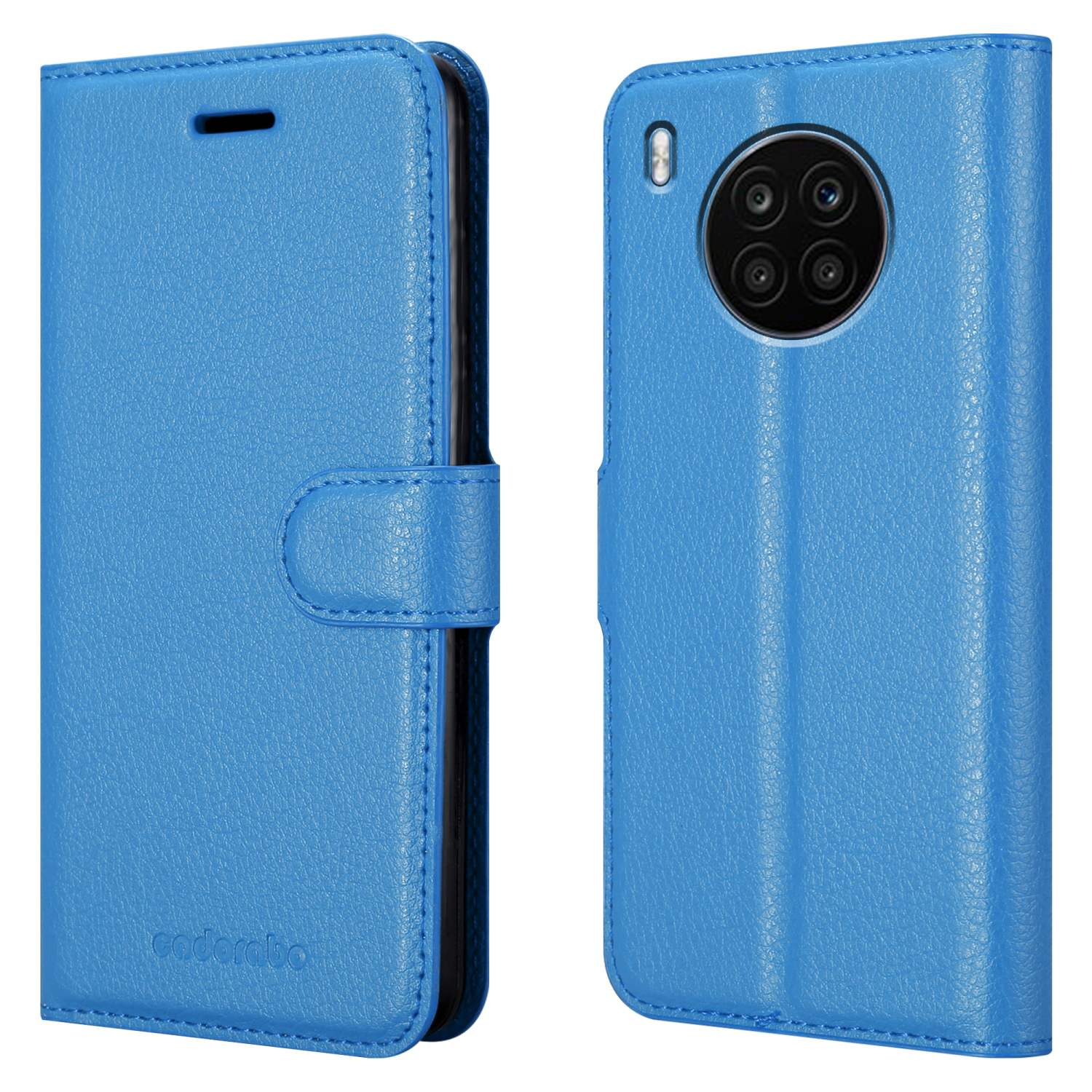 Custodia per telefono blu aperta, che mostra un telefono. Il telefono è nella custodia. La custodia è blu.