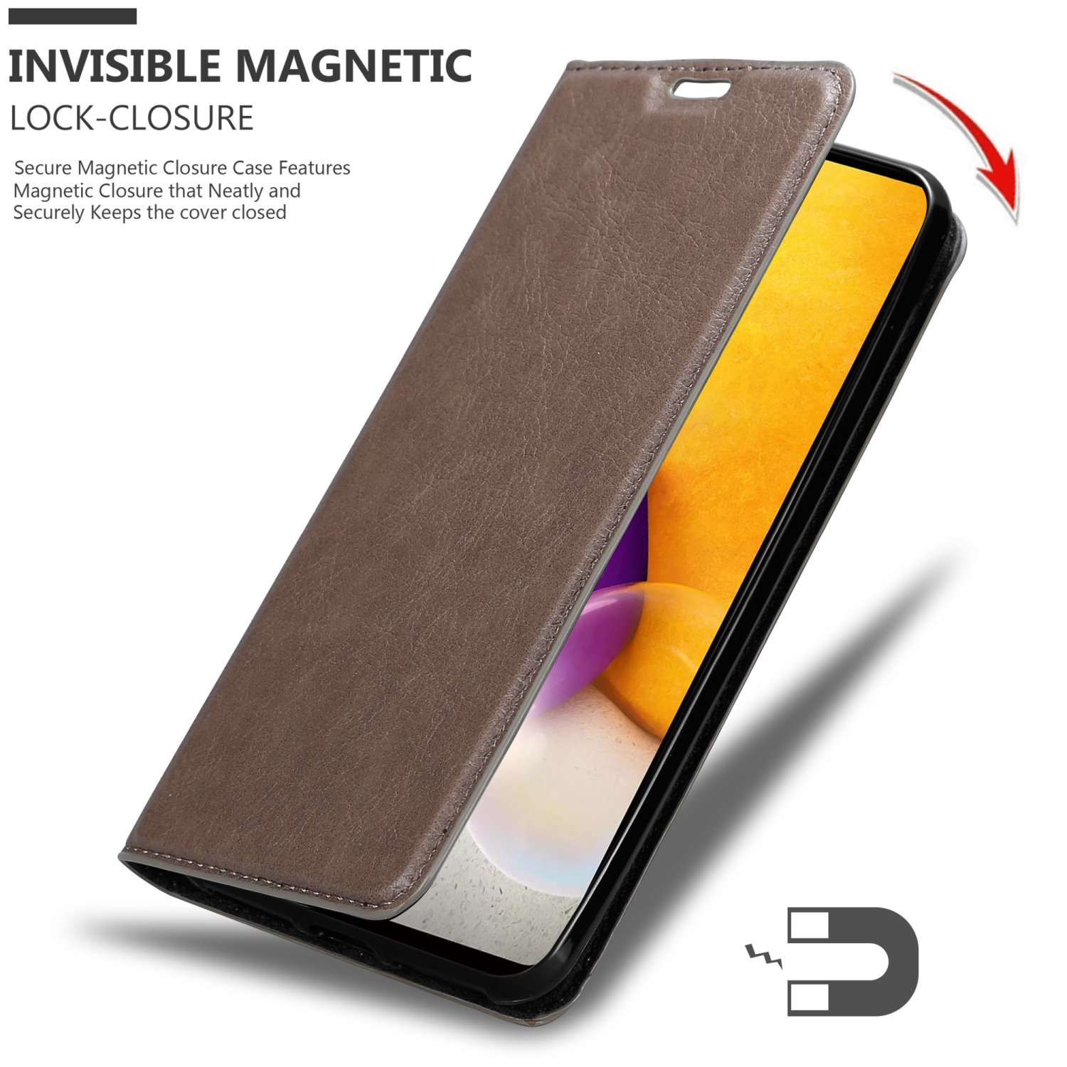 Una custodia per telefono in pelle marrone viene aperta, rivelando il telefono. La custodia ha una chiusura magnetica.