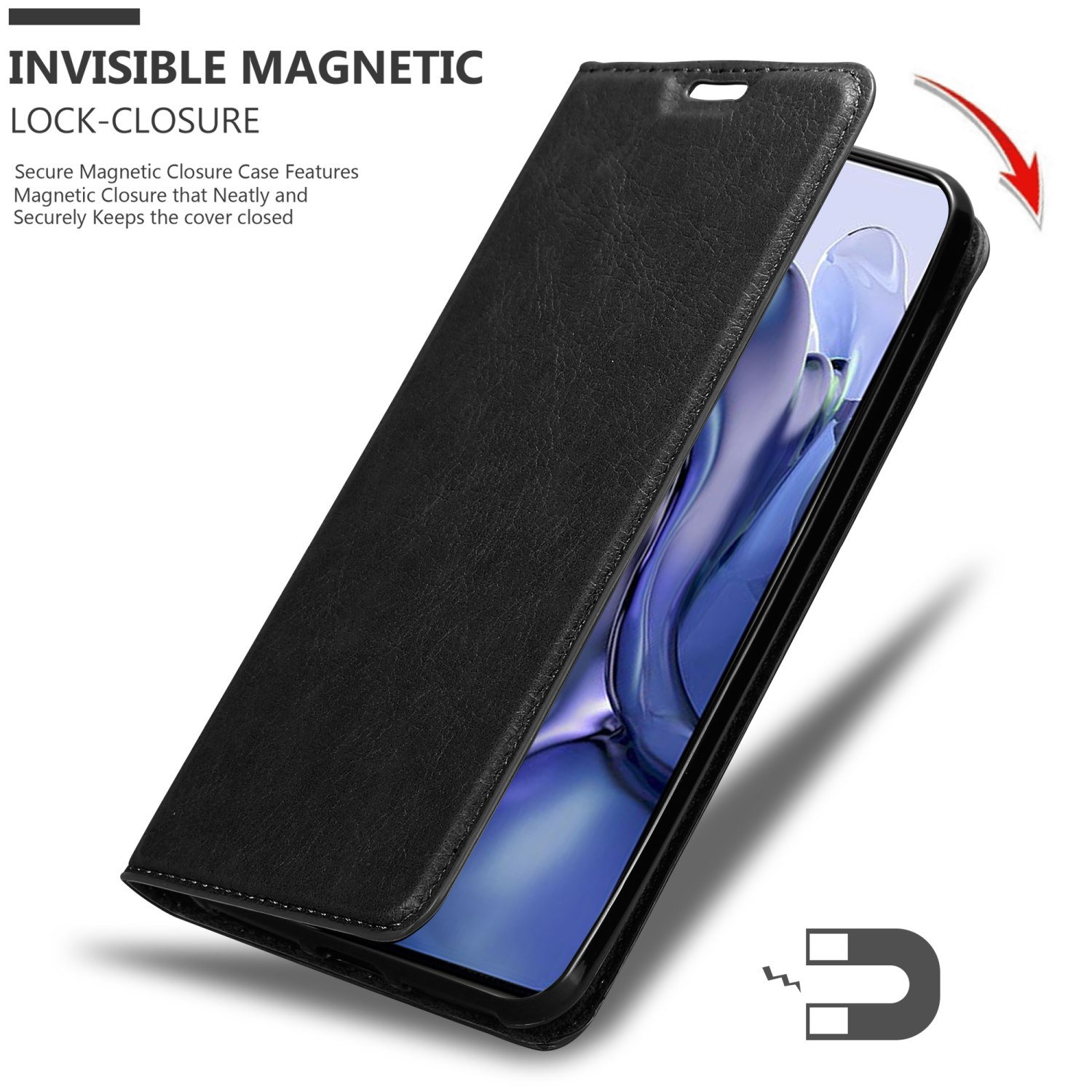 Custodia nera per telefono con chiusura magnetica; c'è un telefono dentro.