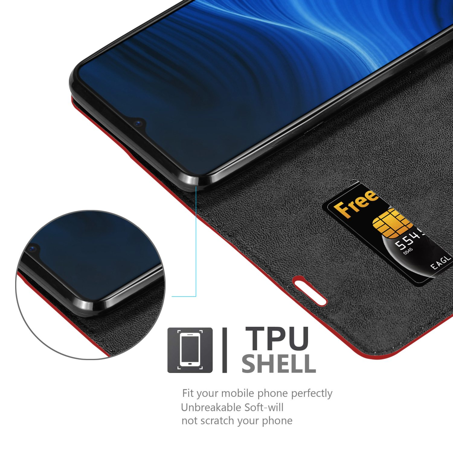 Custodia per telefono nera e rossa con telefono all'interno. Testo TPU SHELL e una SIM.