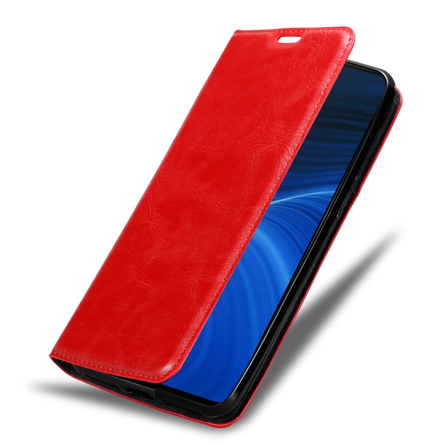 Custodia in pelle rossa aperta, rivela uno schermo del telefono con sfondo blu e bianco.