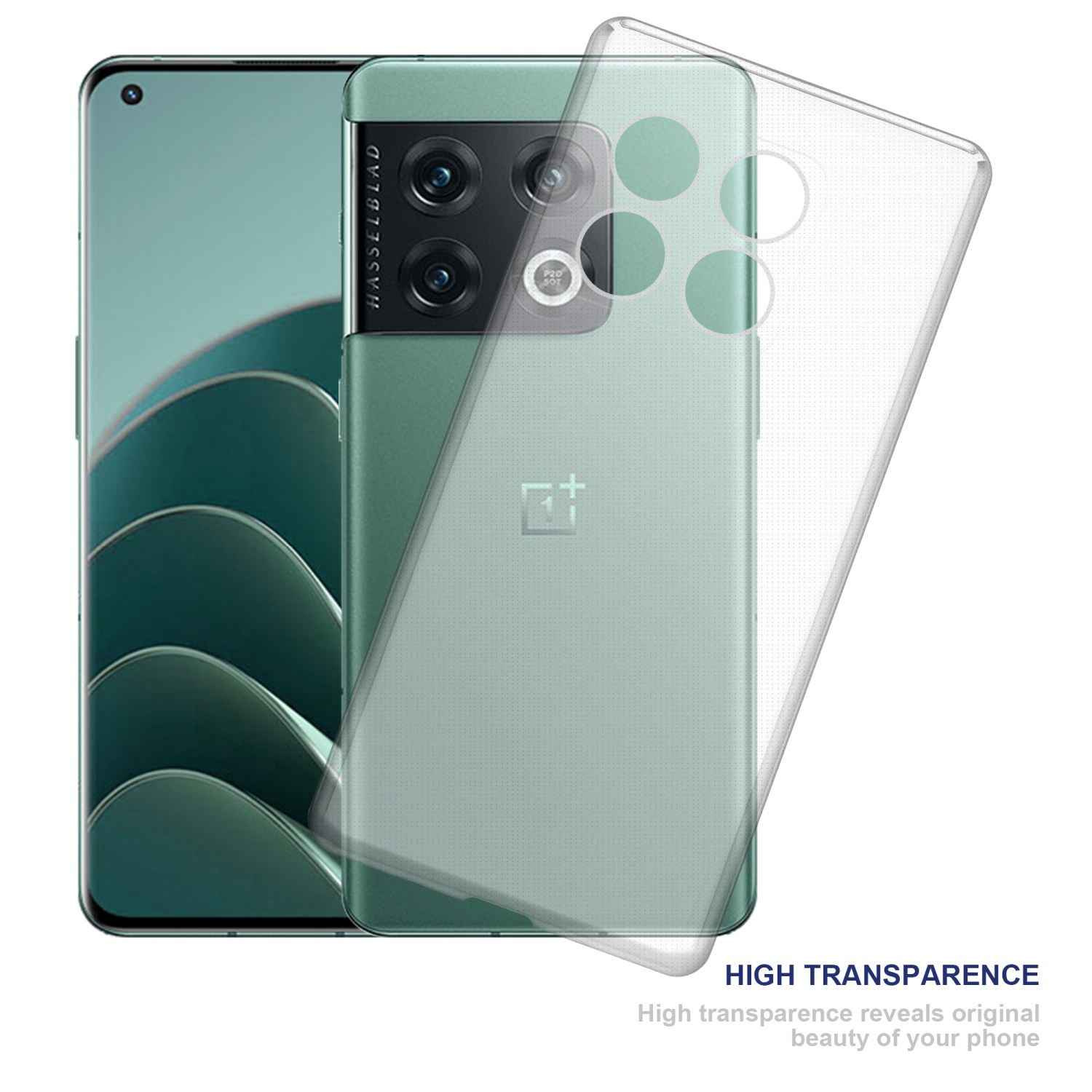 Telefon mit durchsichtiger Hülle und eine zweite durchsichtige Hülle. Das Telefon ist grün, weißer Hintergrund.