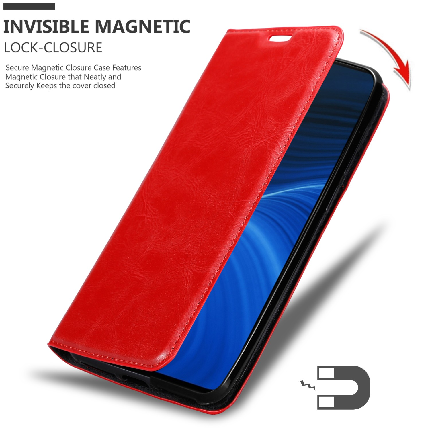 Una custodia rossa per telefono è mostrata aperta, mostrando un telefono. Un magnete illustra la chiusura.