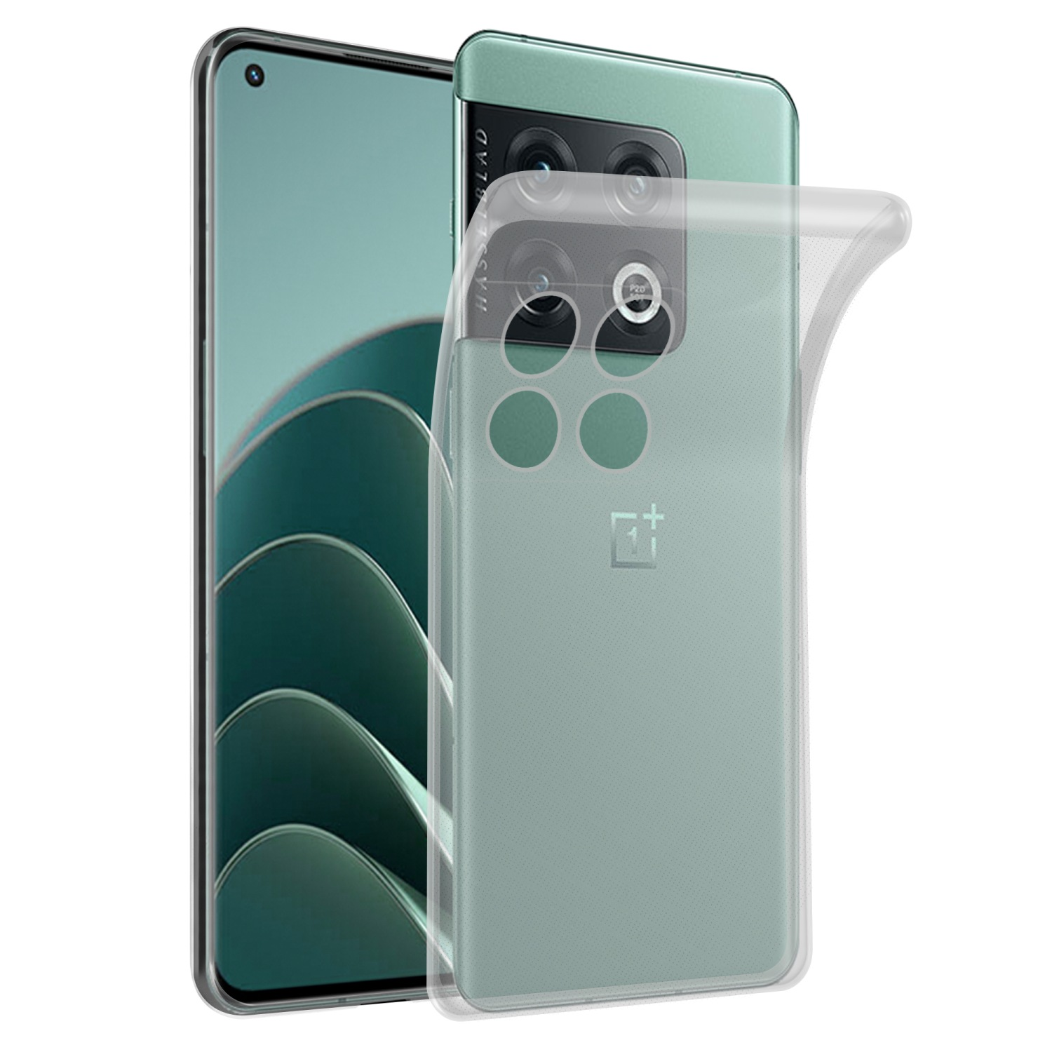 Telefon mit transparenter Hülle. Das Telefon hat eine grüne Rückseite, die Kamera ist sichtbar. Die Hülle ist klar.