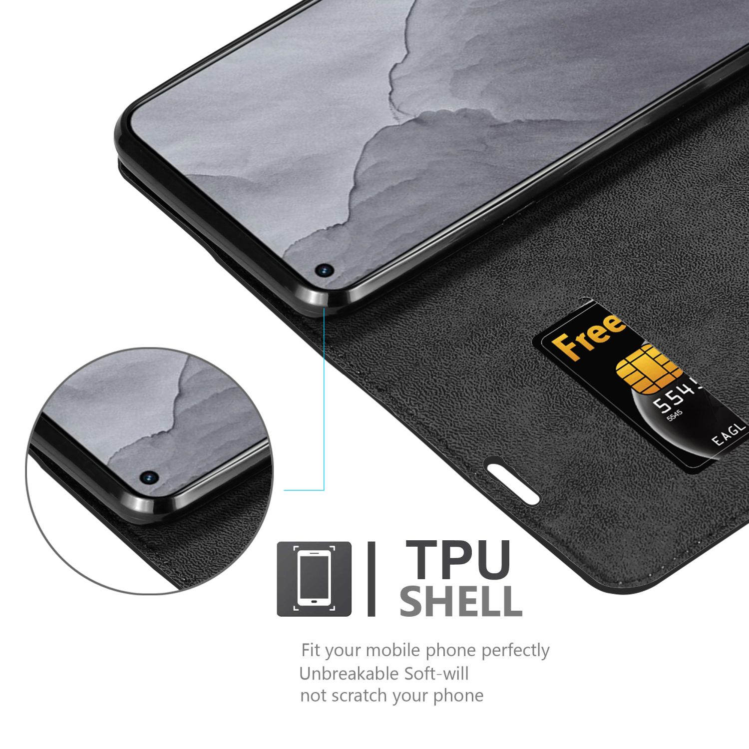 Custodia per telefono nera, con un telefono inserito. Ha una sim card e la custodia è in TPU.