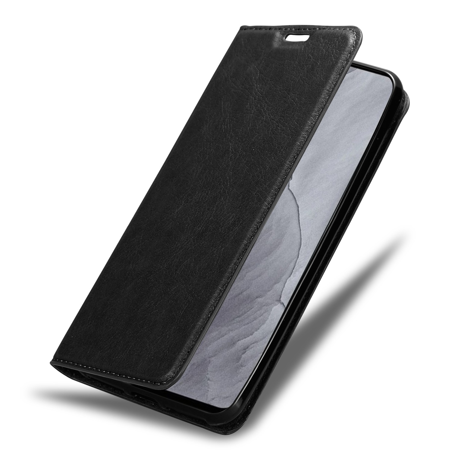 Schwarze Leder-Handyhülle, offen, das Telefon im Inneren zeigend. Die Hülle liegt auf einer weißen Oberfläche.
