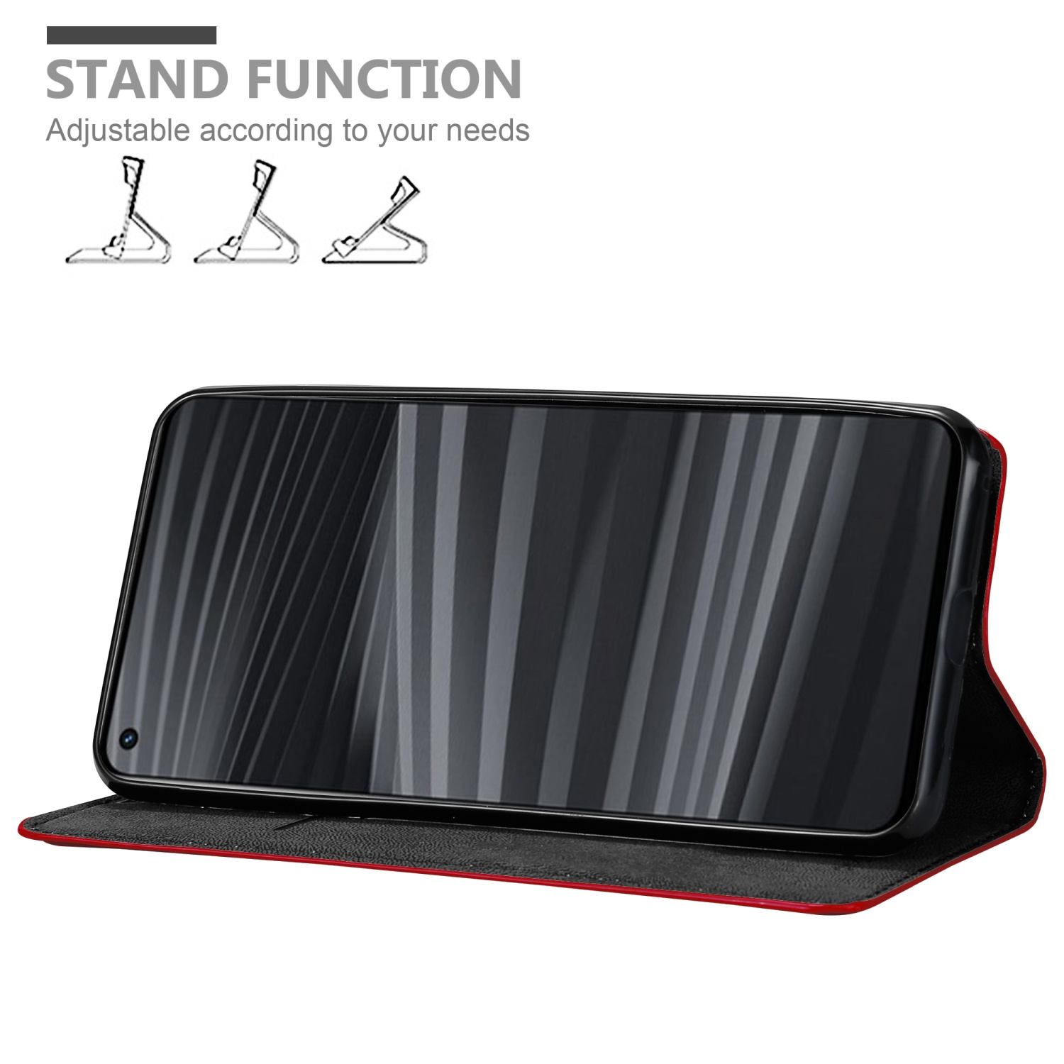 Un telefono in una custodia a libro rossa. Il testo sopra recita 'STAND FUNCTION'. Sono illustrate tre posizioni del supporto.