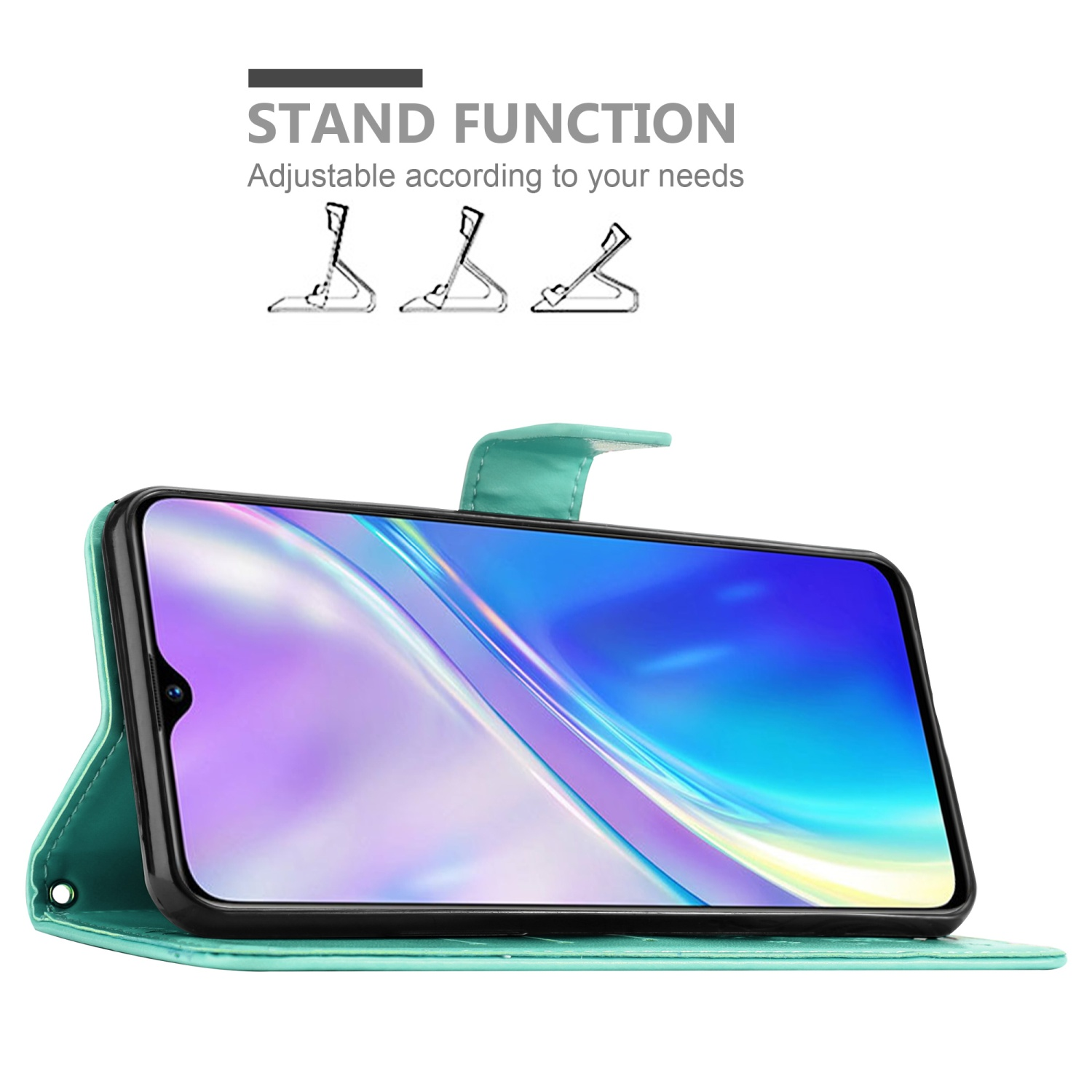 Un telefono in una custodia verde acqua, con funzione di supporto. Le illustrazioni mostrano le regolazioni dell'angolo del supporto.