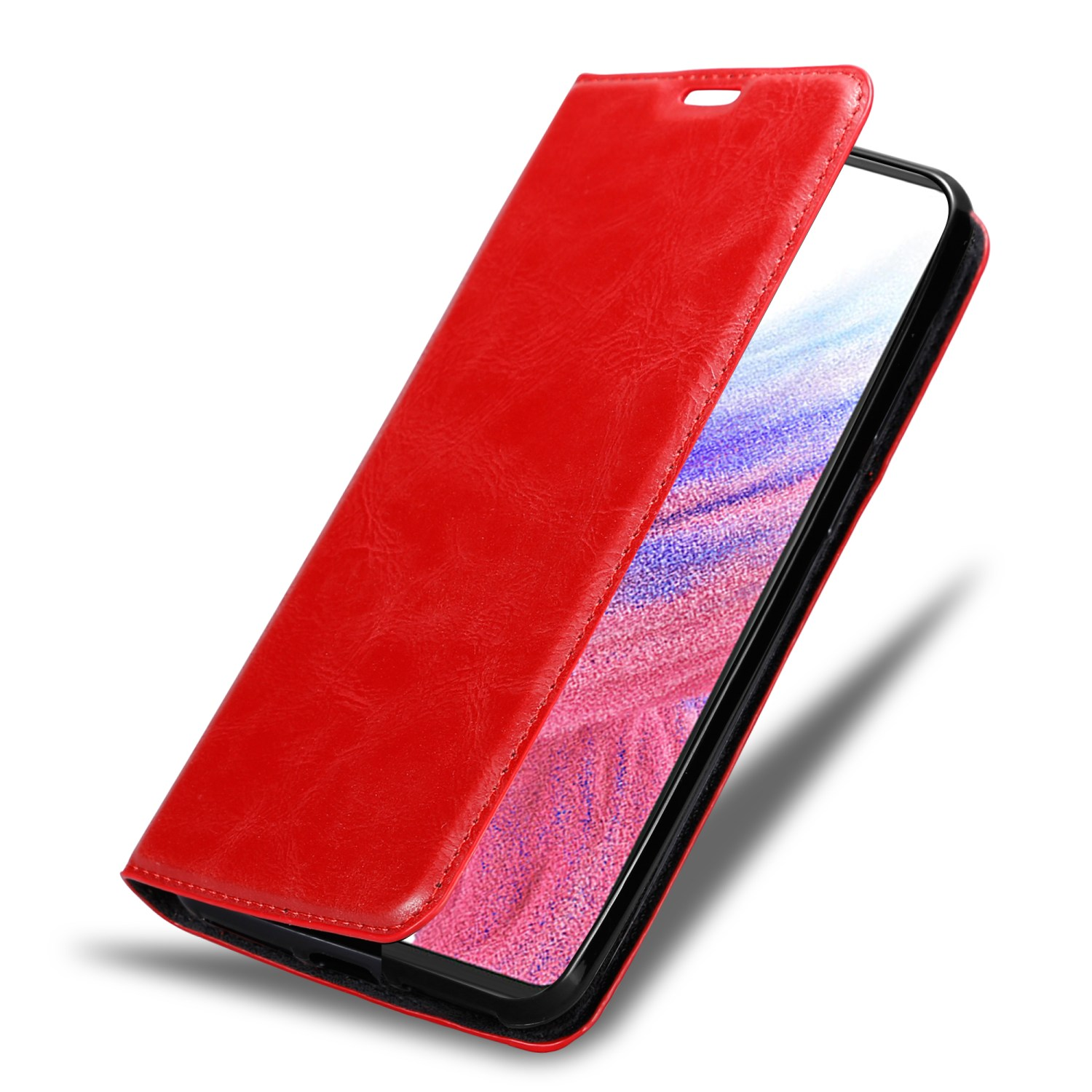 Custodia rossa. Il telefono è all'interno con la custodia aperta.