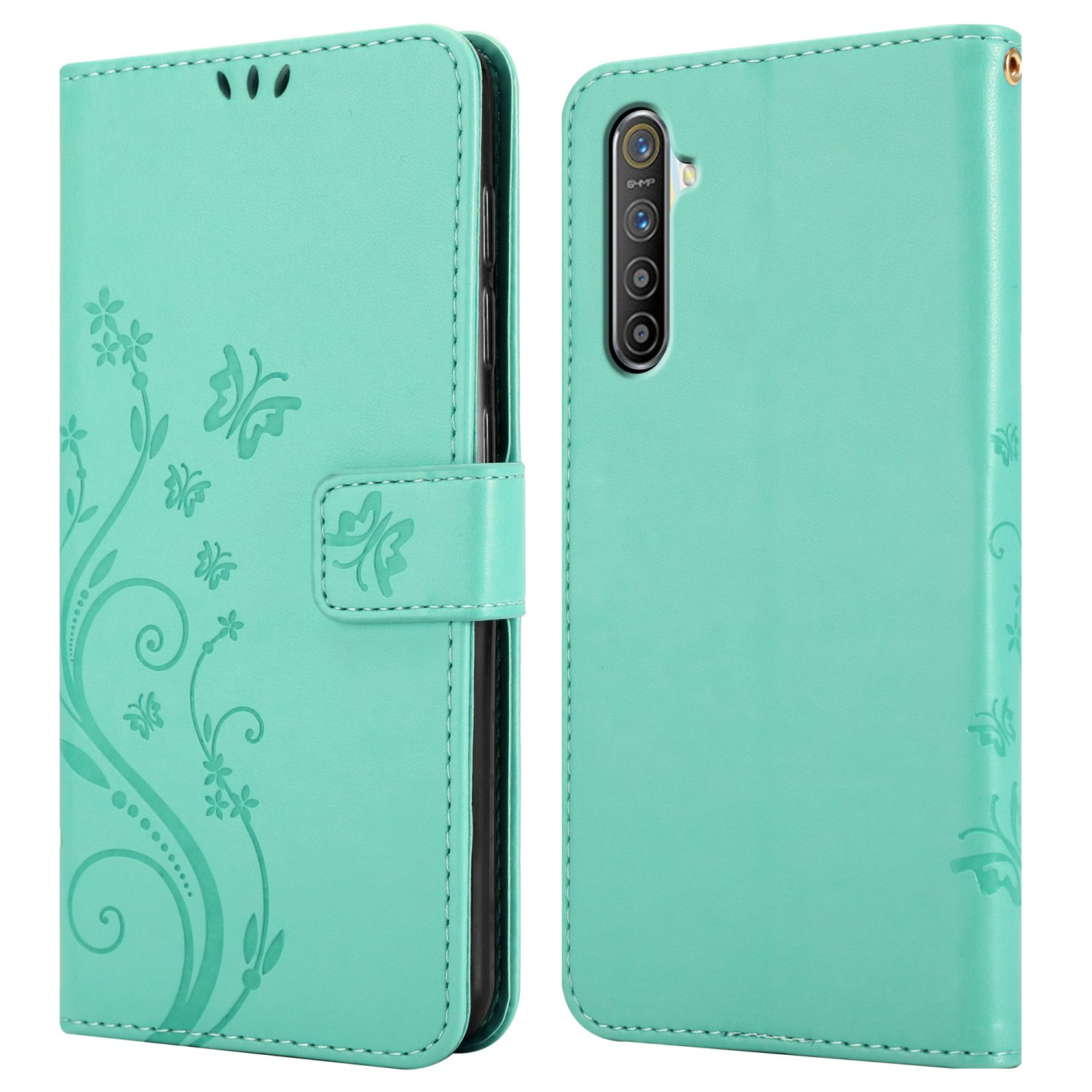 Custodia a portafoglio turchese per telefono, aperta. La custodia ha un design floreale e una chiusura magnetica. Il telefono ha una fotocamera sul retro.
