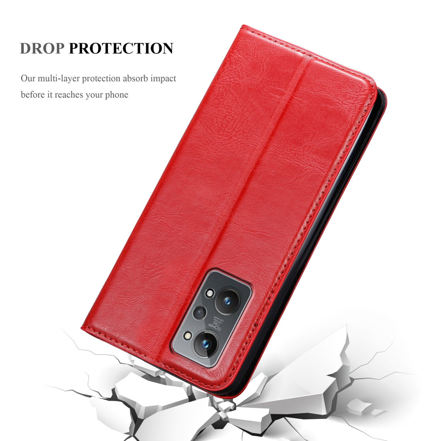 Custodia rossa per telefono, aperta, con un telefono all'interno. Terreno in disfacimento e il telefono.