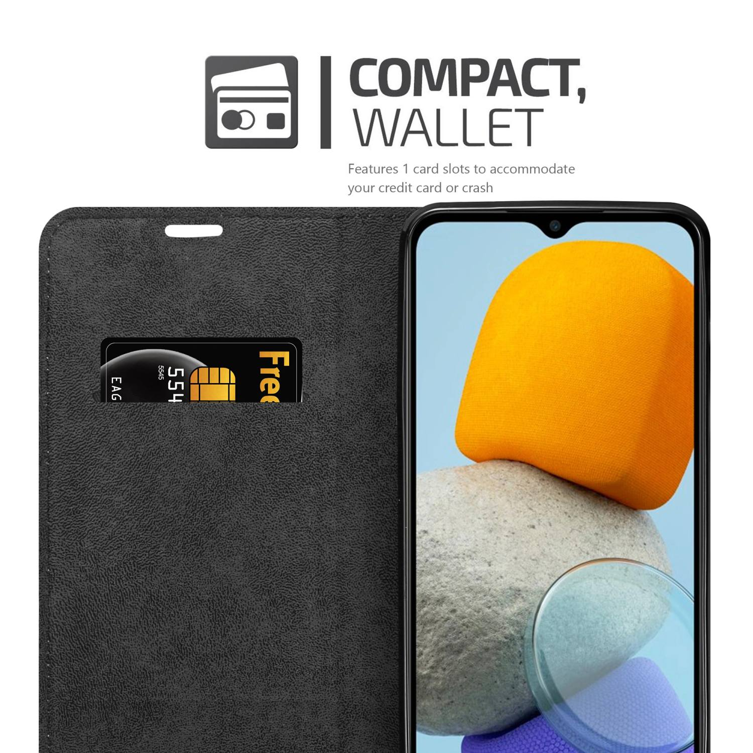 Custodia nera con slot per schede. Un telefono a destra con display arancione e bianco.