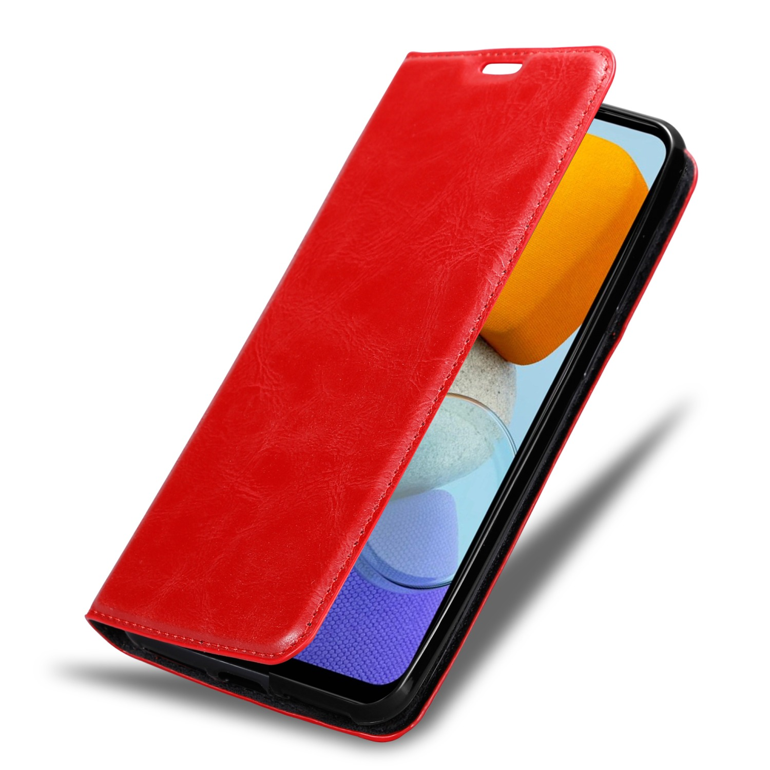 Custodia in pelle rossa aperta. Telefono dentro, con dettagli arancioni e viola.