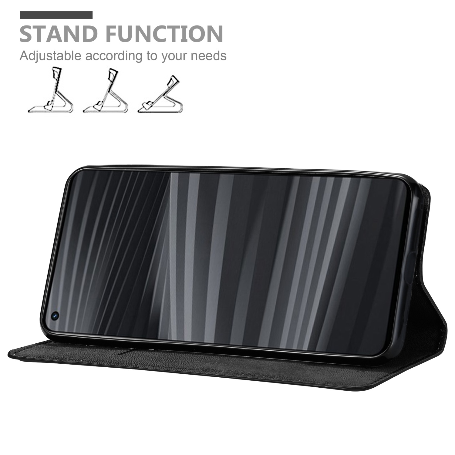 Telefono nero in posizione stand. Testo: Funzione stand. Regolabile in base alle tue esigenze.
