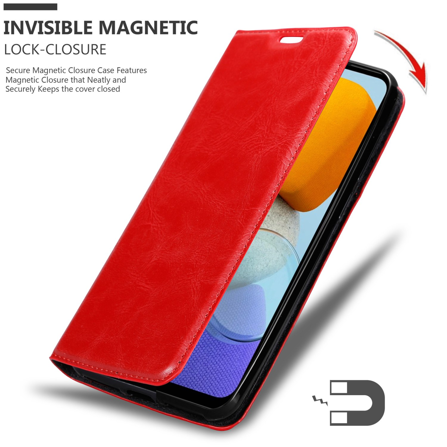Custodia rossa aperta, con telefono. Icona e testo chiusura magnetica.