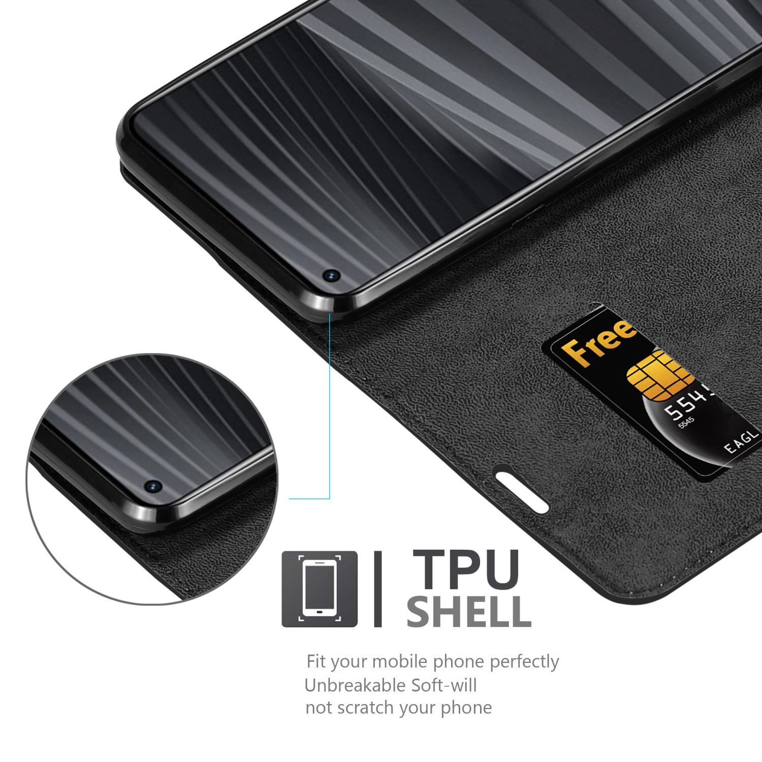 Un telefono è dentro una custodia nera. Una carta è in uno slot. Testo: TPU SHELL. Si adatta perfettamente al tuo cellulare.