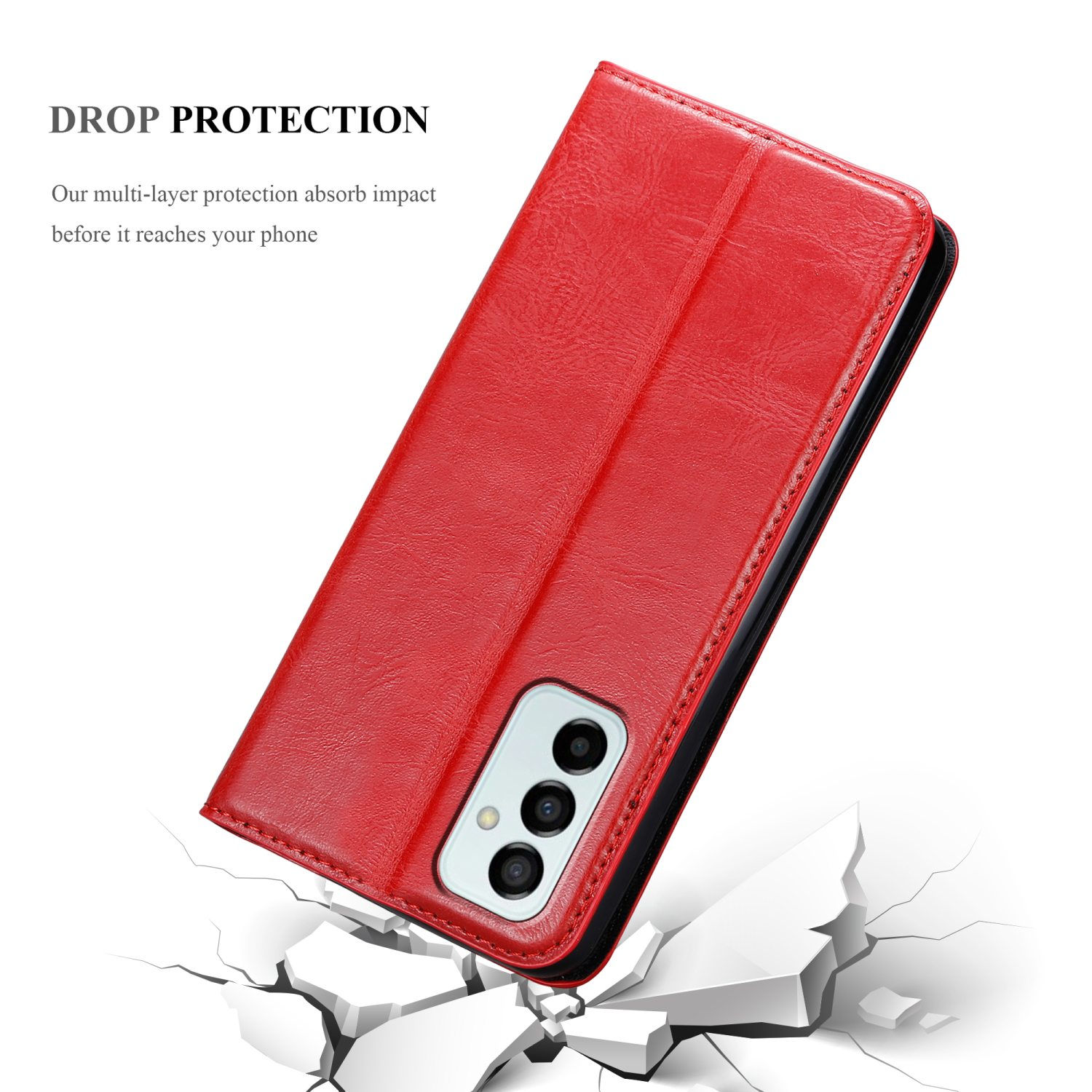 Custodia per telefono rossa, aperta con telefono, testo 'DROP PROTECTION'. Superficie incrinata sullo sfondo.