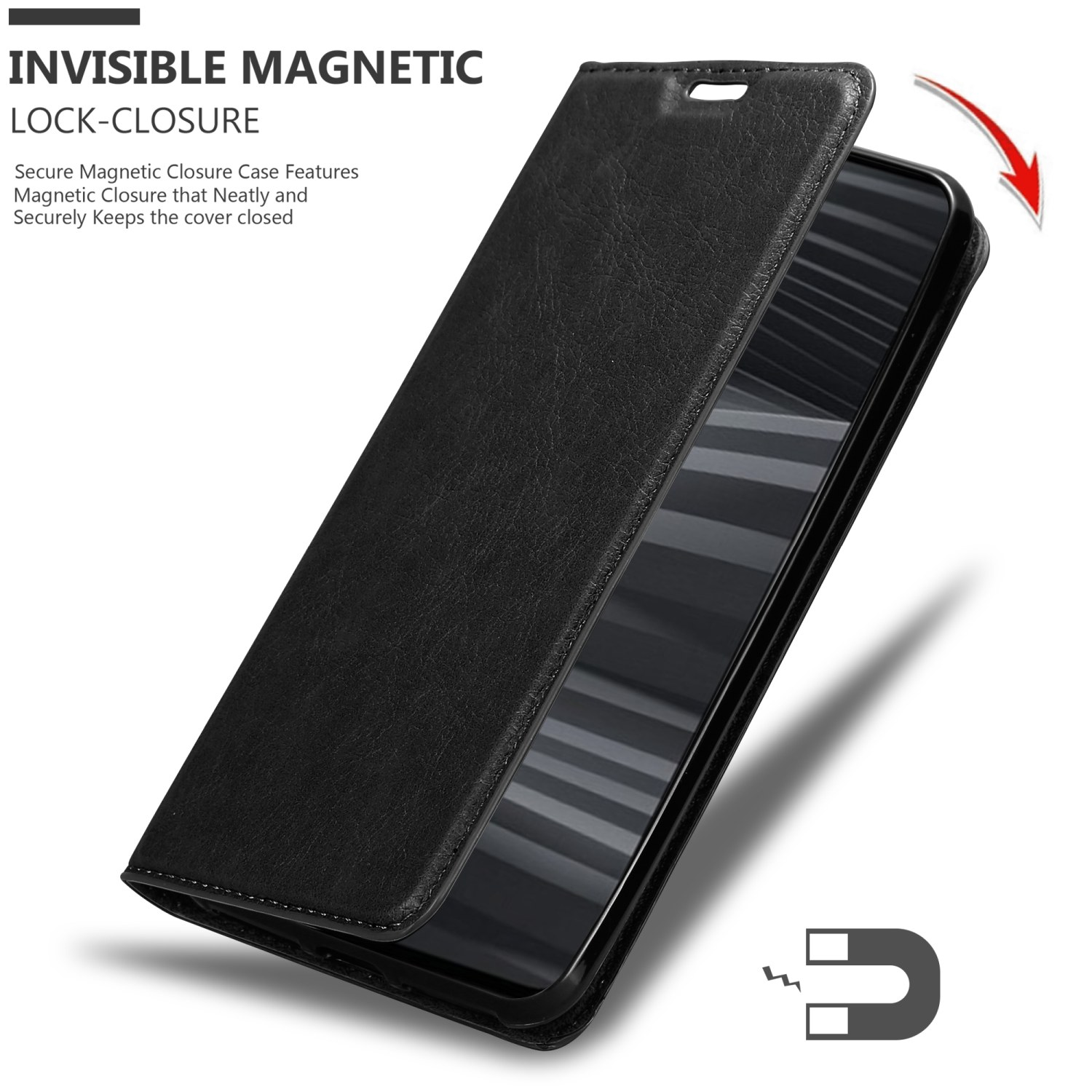 Custodia nera per telefono con chiusura magnetica. Il telefono è all'interno.
