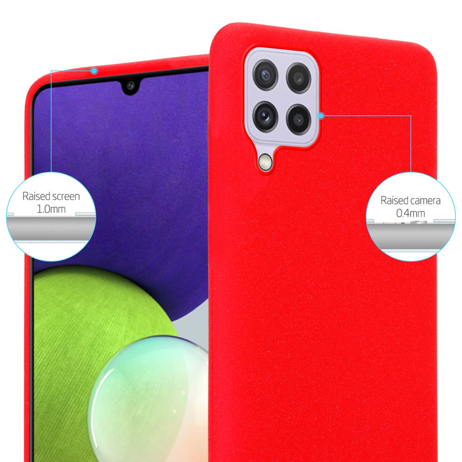 Custodia rossa con schermo e fotocamera rialzati. La custodia è rossa.