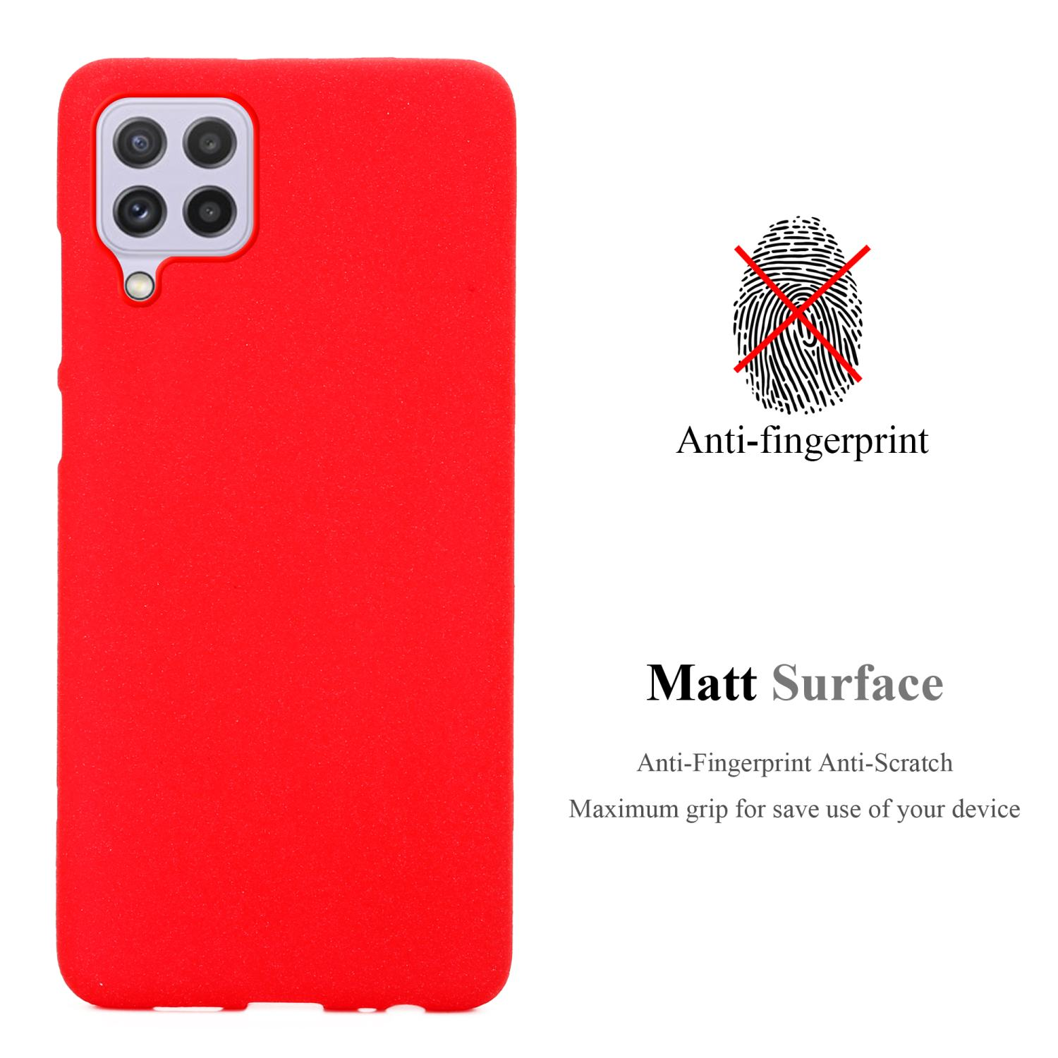 Custodia per telefono rossa con superficie opaca, resistenza alle impronte digitali e antigraffio, con illustrazione dell'impronta digitale.
