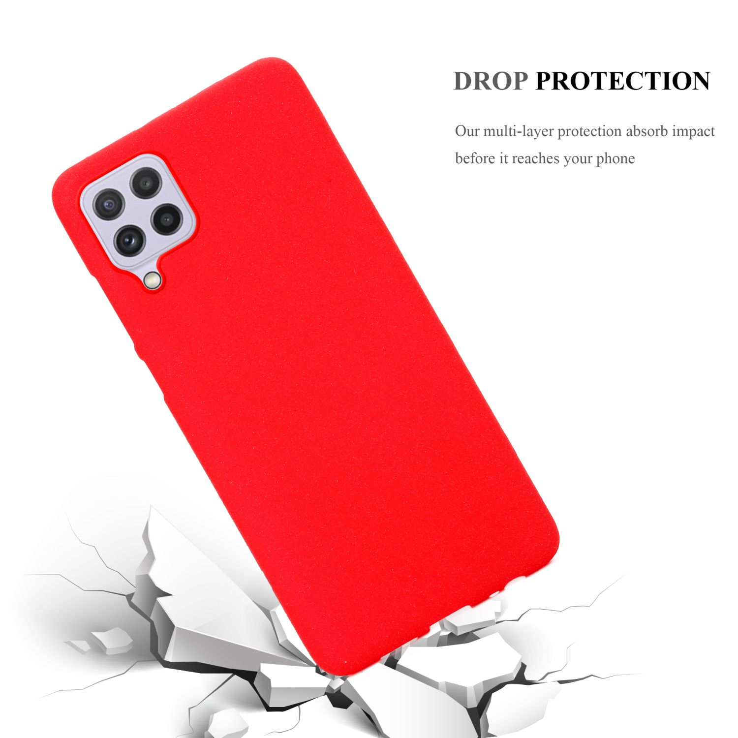 Custodia per telefono rossa con un telefono che cade a terra, causando crepe.