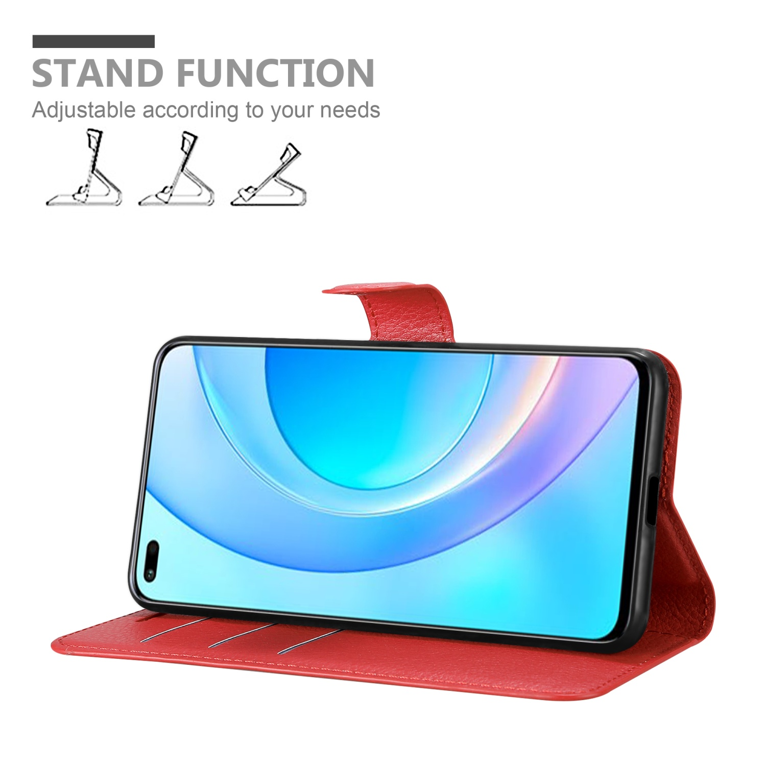 Rote Handyhülle mit Telefon, Standfunktion. Das Telefon zeigt ein farbenfrohes Bild.