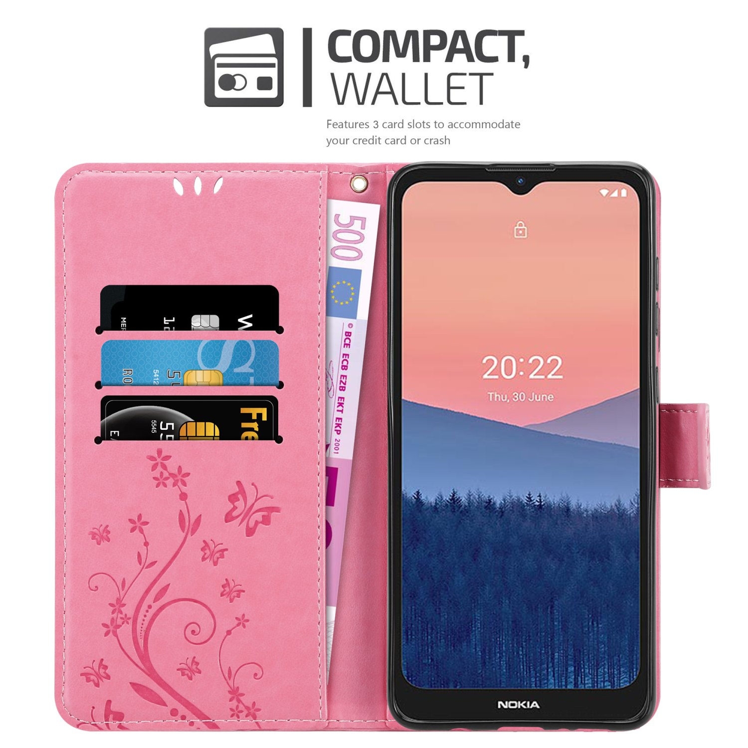 Custodia a portafoglio rosa con carte e telefono. Testo: Compatto, portafoglio.