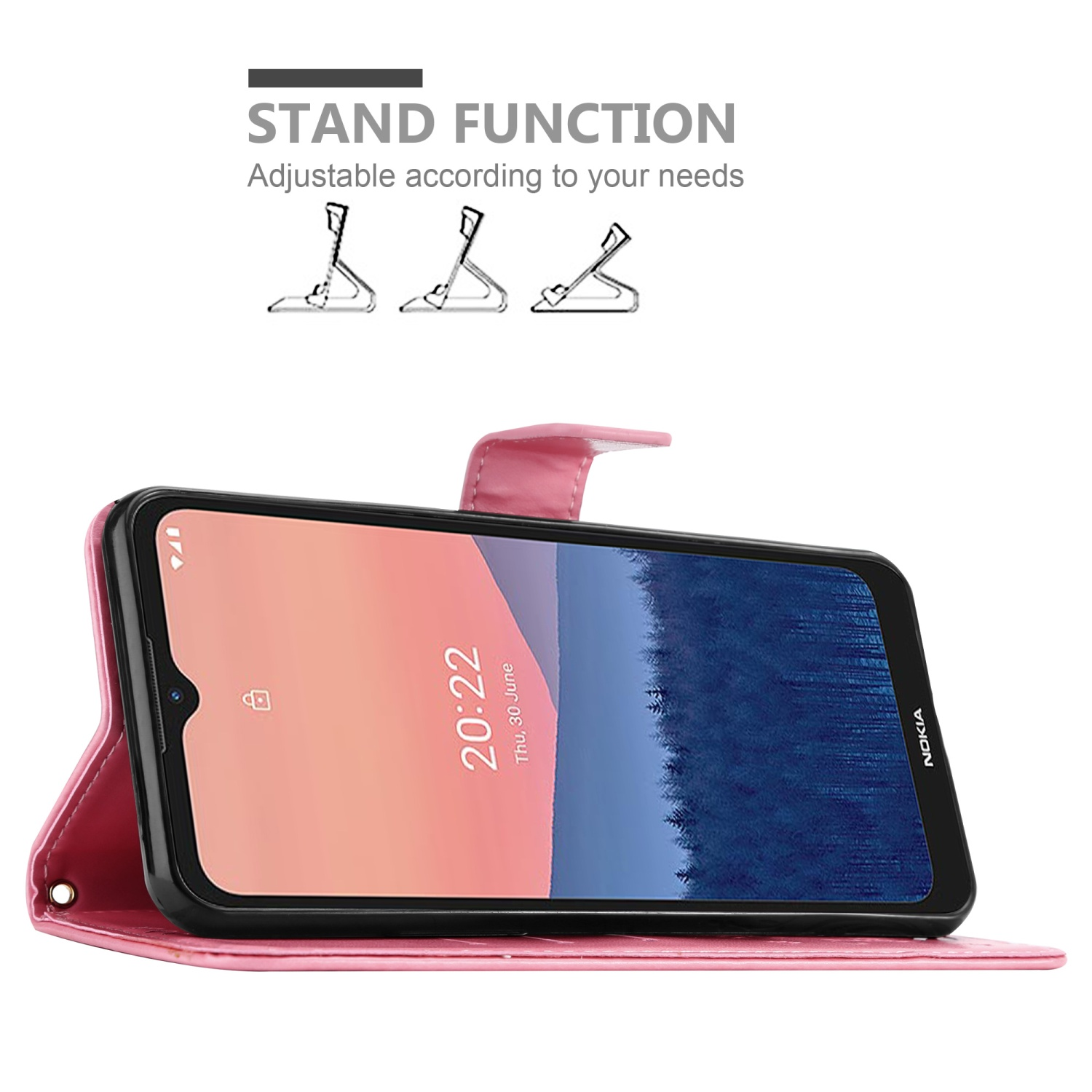 Una custodia rosa per telefono con un telefono che mostra uno schermo. Il telefono è in posizione aperta.