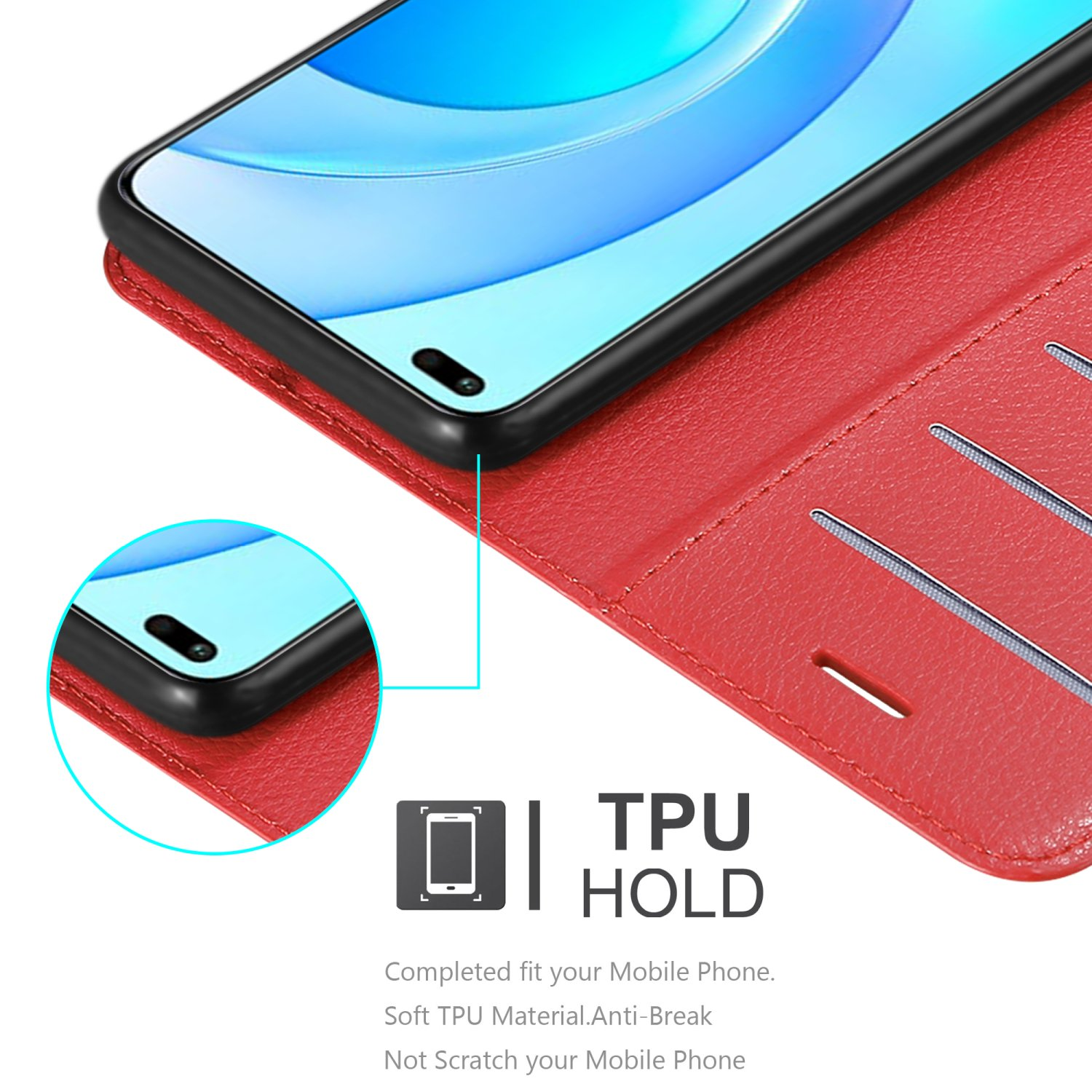 Eine rote Handyhülle um ein Telefon. Die Hülle hat einen TPU-Halter und ist offen.