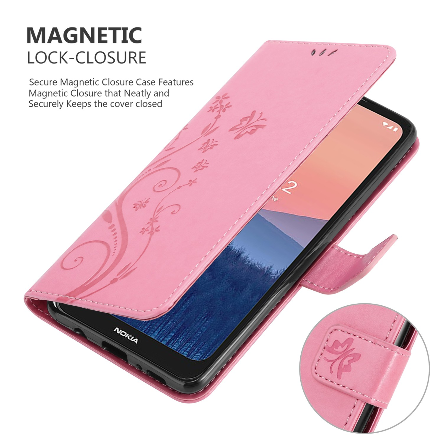 Una custodia per telefono rosa con fiori e un telefono all'interno. La custodia è aperta, mostrando lo schermo del telefono.