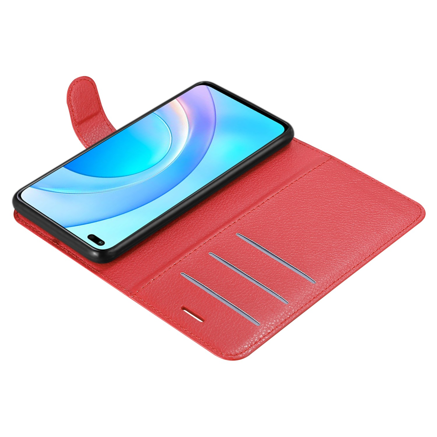 Rote Handyhülle, offen. Das Telefon befindet sich in der Hülle. Die Hülle hat eine Lederstruktur.