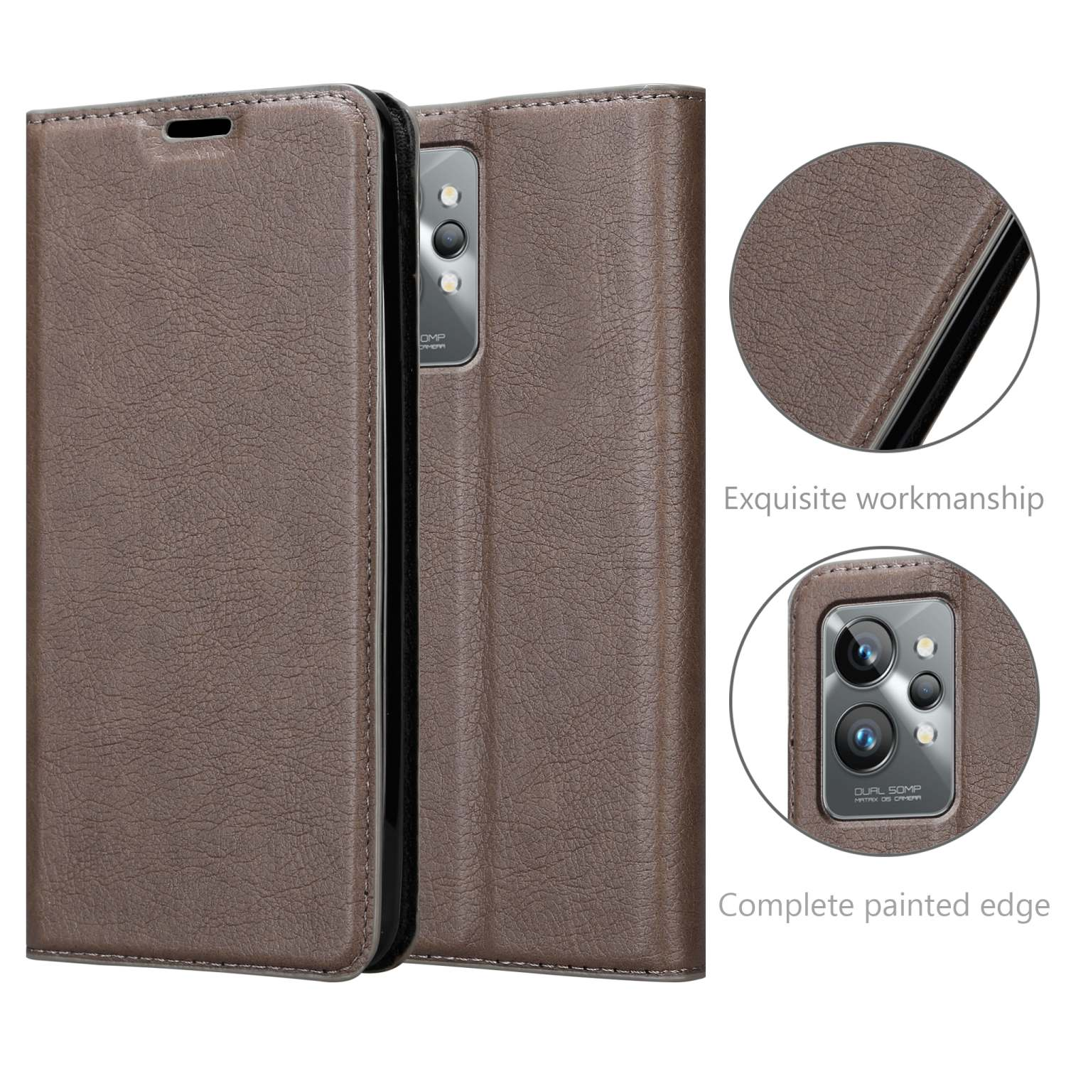 Eine braune Handyhülle mit einem Telefon darin und Details über den Rand.