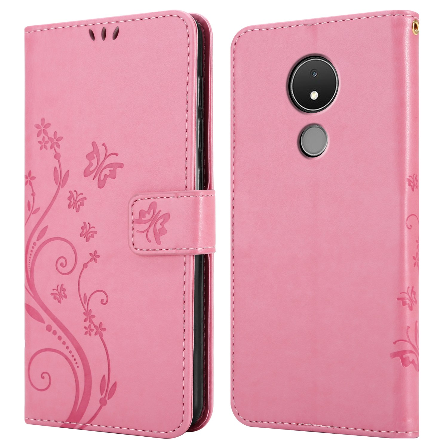 Custodia rosa con disegni di farfalle. Un lato aperto, mostrando il telefono all'interno.
