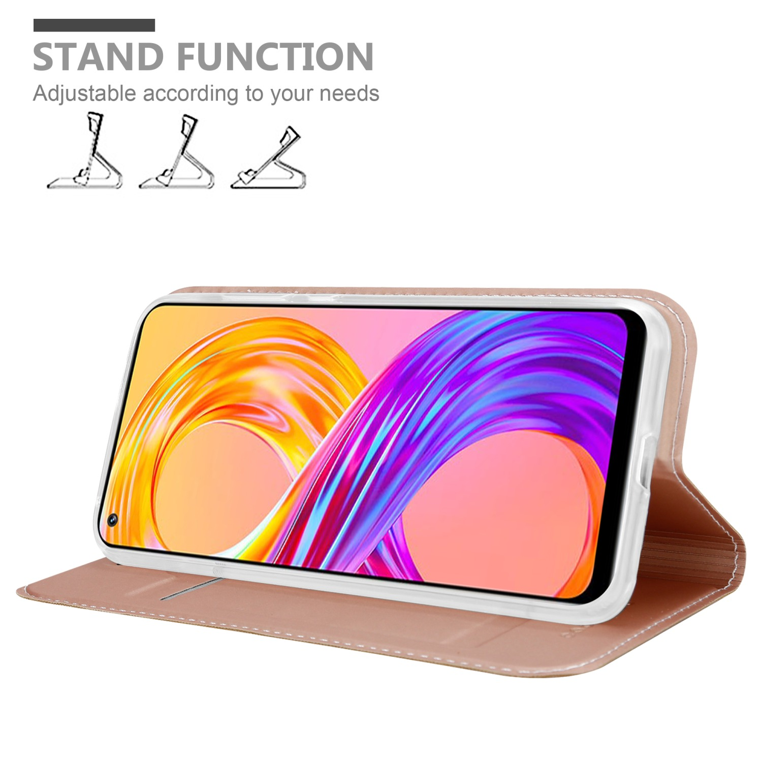 Rosa Handyhülle offen mit Telefon darin, Standfunktion. Drei Standpositionen sind abgebildet.