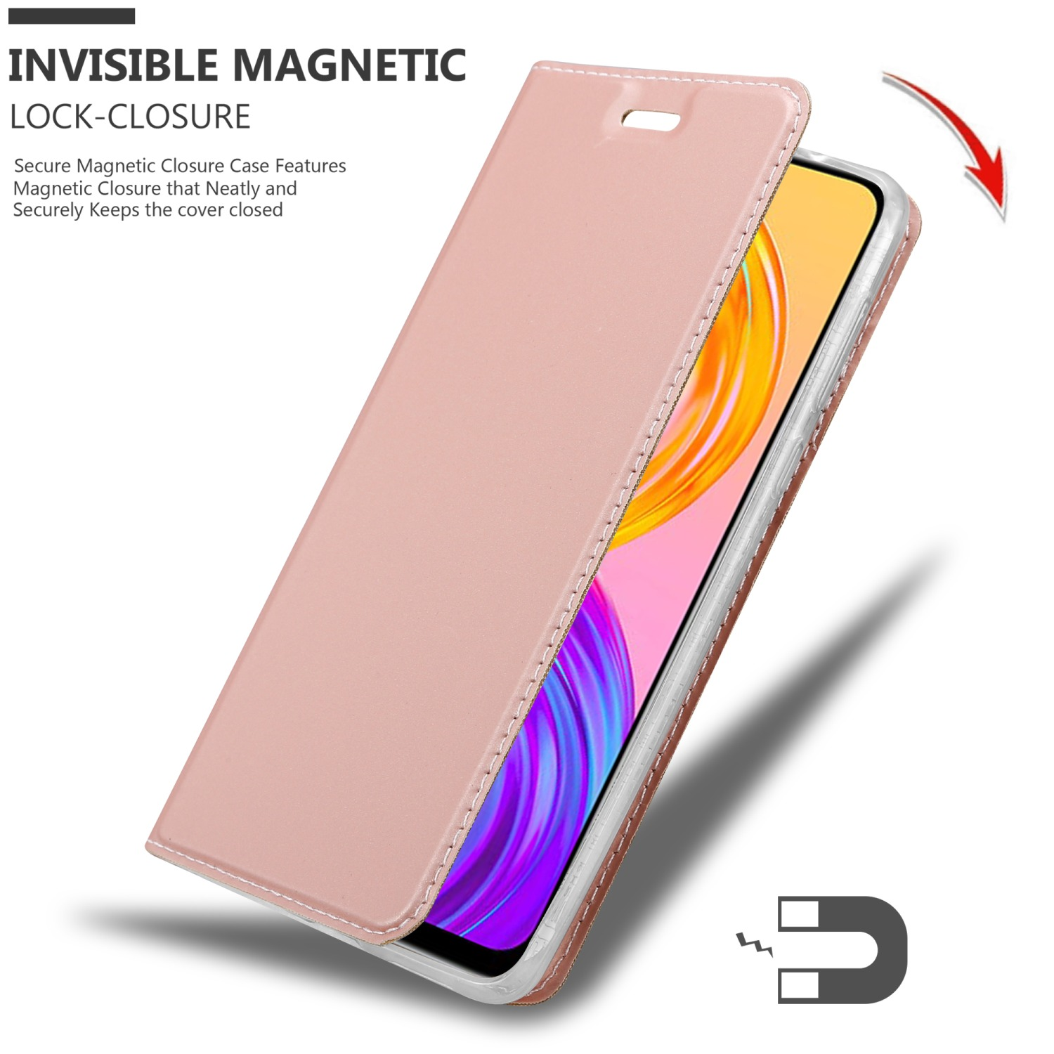 Rosa Handyhülle mit offenem Deckel, zeigt Telefon innen und Details des Magnetverschlusses.