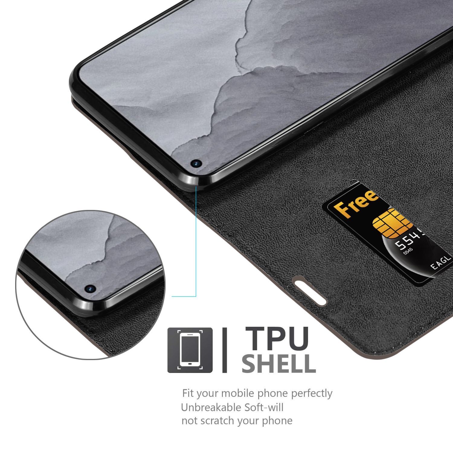 Schwarze Handyhülle mit Telefon, SIM-Karte und Text 'TPU SHELL' mit weiterer Beschreibung.