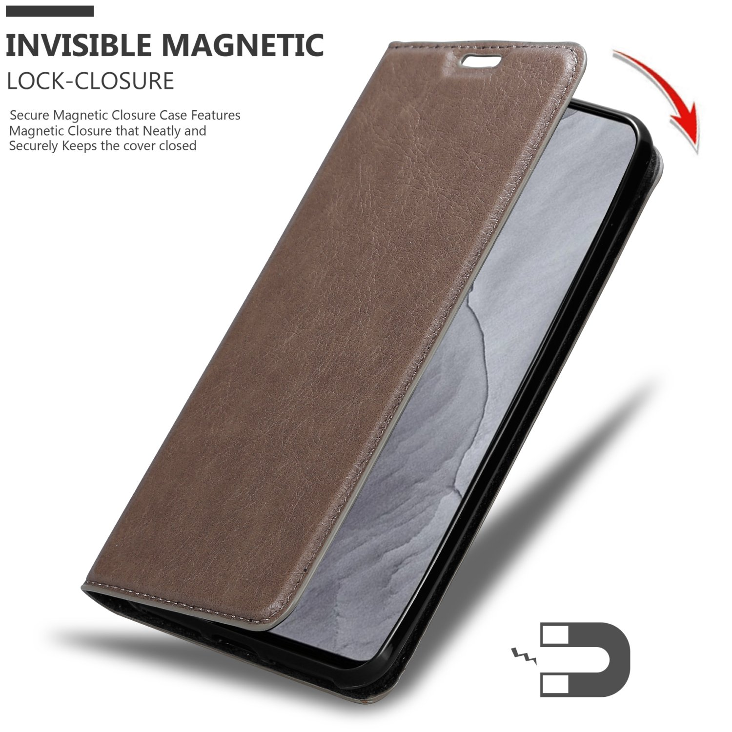 Braune Handyhülle mit einem Telefon darin. Die Hülle ist geöffnet und zeigt den Bildschirm und ein Magnetverschluss-Symbol.