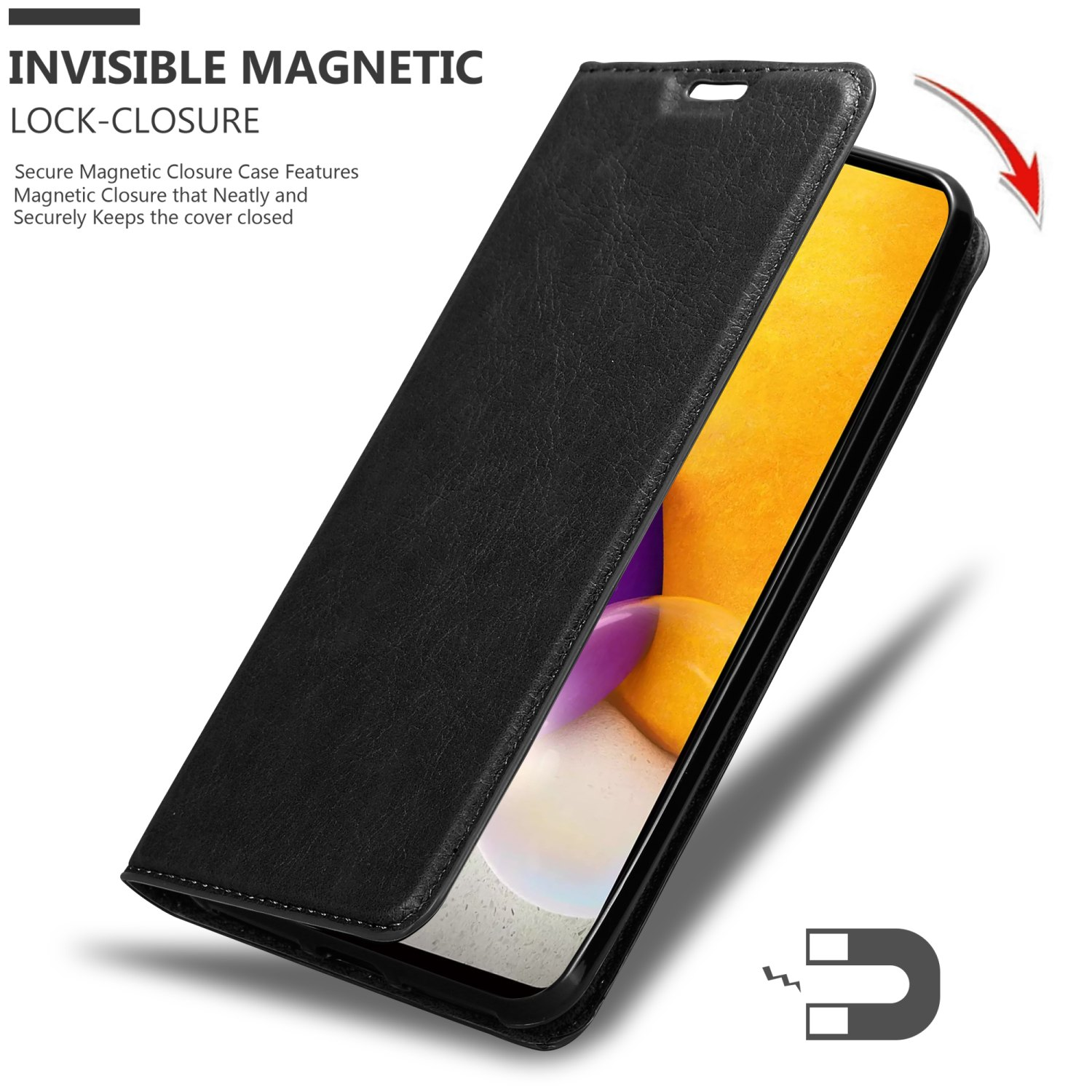 Custodia per telefono nera con testo di chiusura magnetica invisibile, con sfondo bianco.