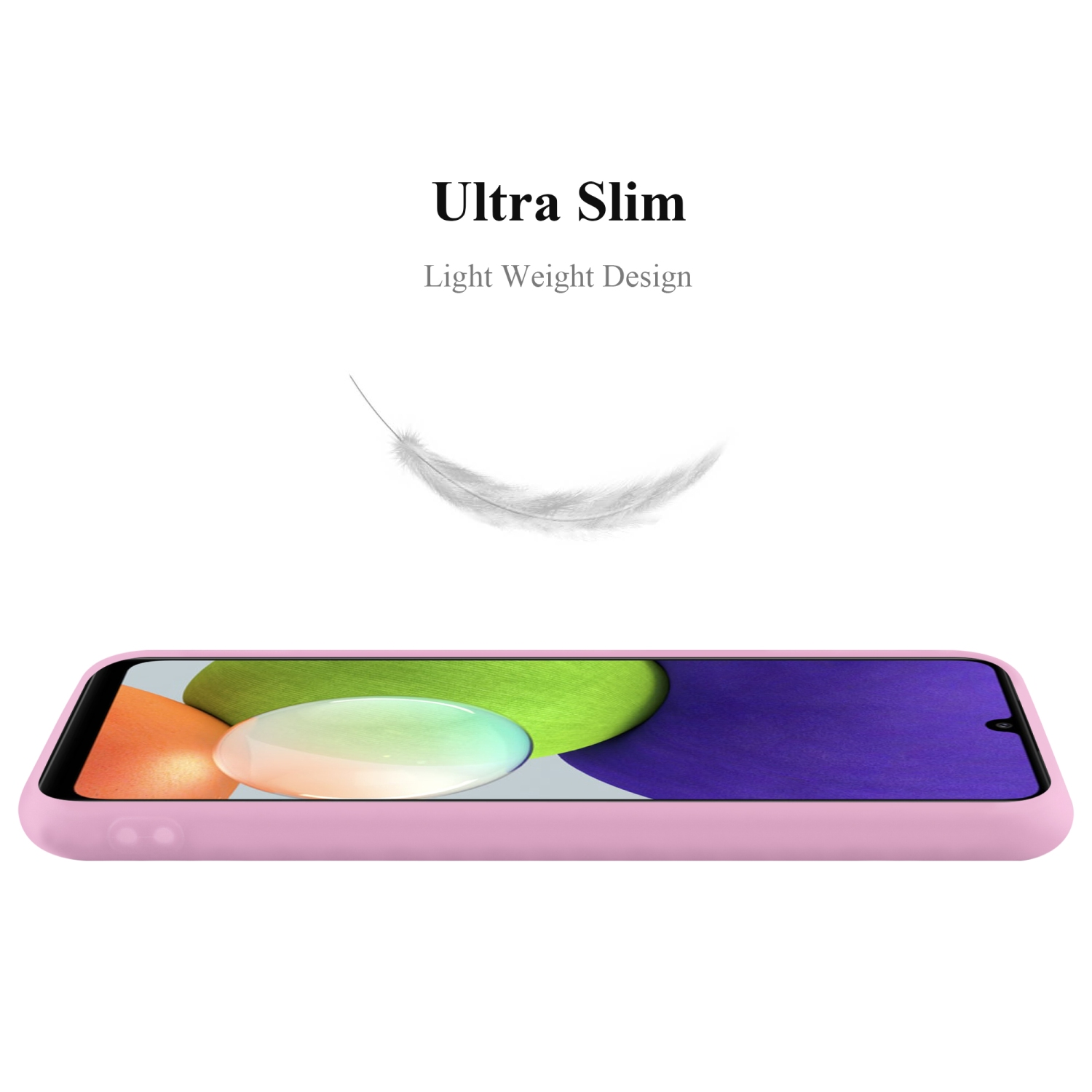 Custodia rosa, design ultra sottile. Grafica della piuma. Testo design leggero.