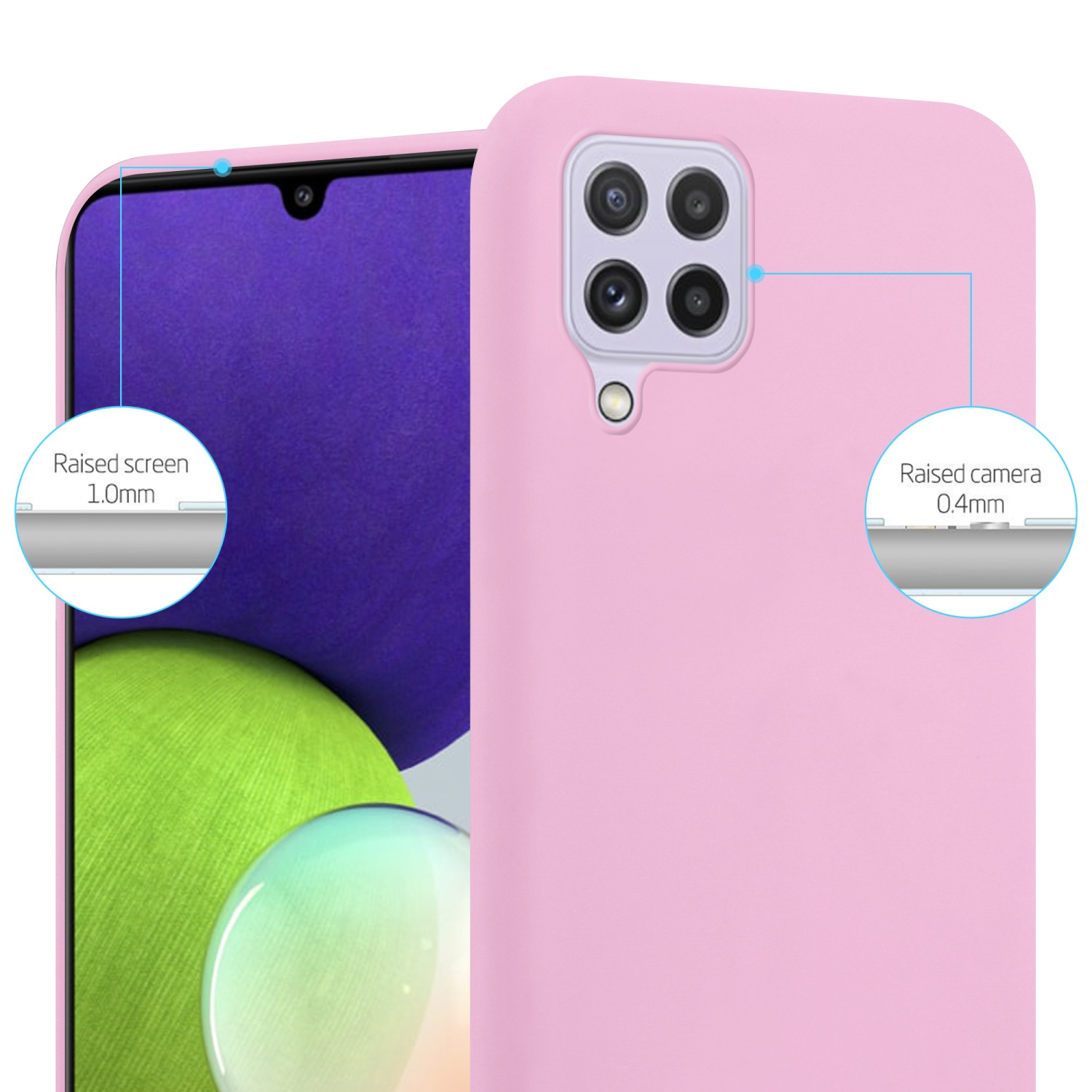 Primo piano di una cover rosa con bordi rialzati che proteggono schermo e fotocamera.