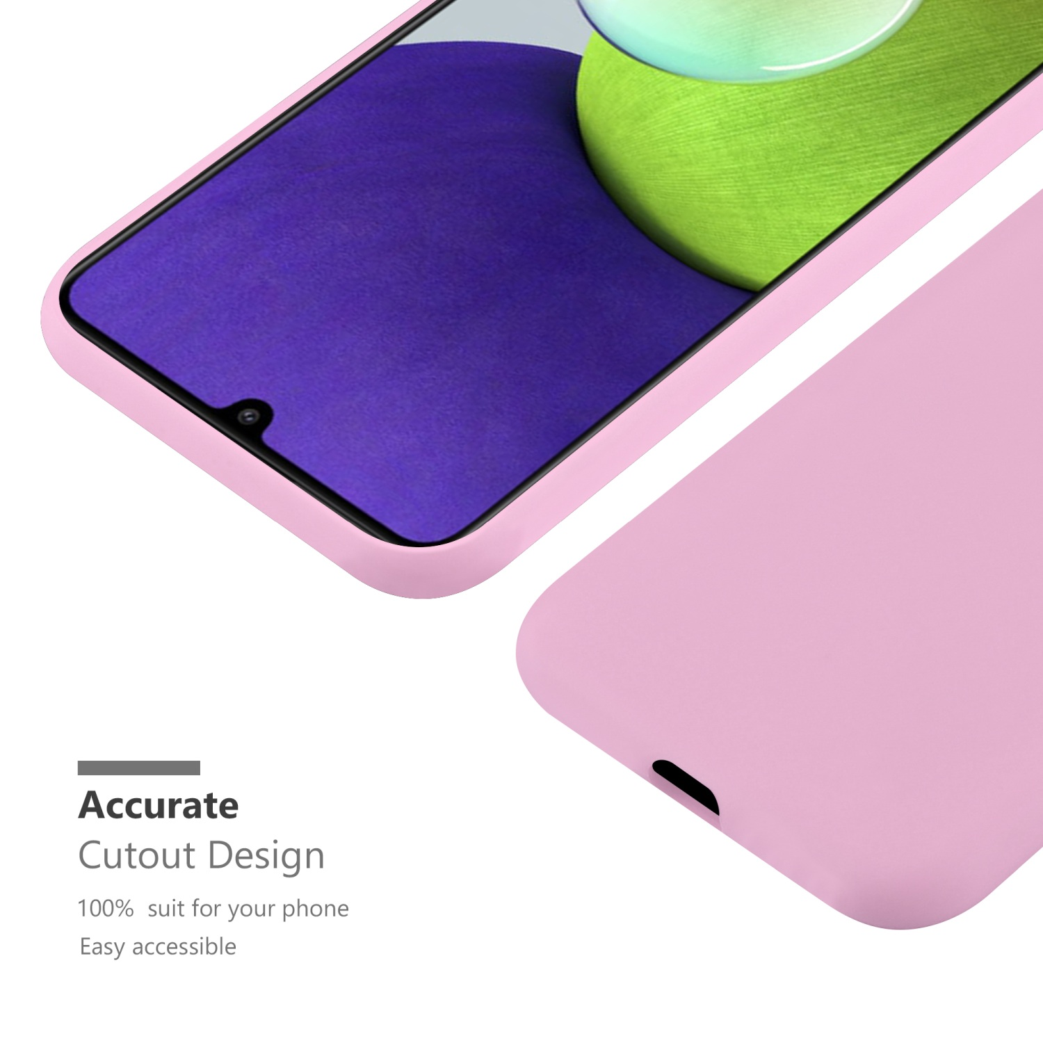 Custodia rosa per telefono. Testo: Design con ritagli precisi.
