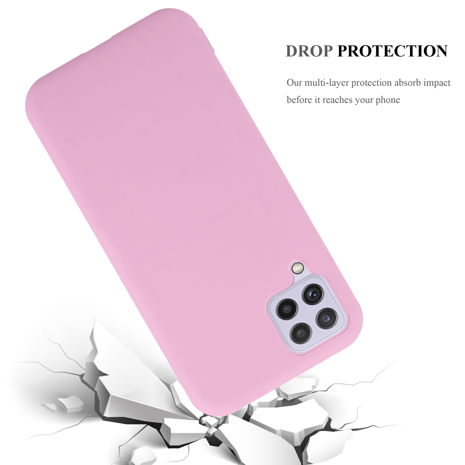 Custodia per telefono rosa, funzione di protezione dalle cadute mostrata e superficie con crepe, che enfatizza l'impatto.