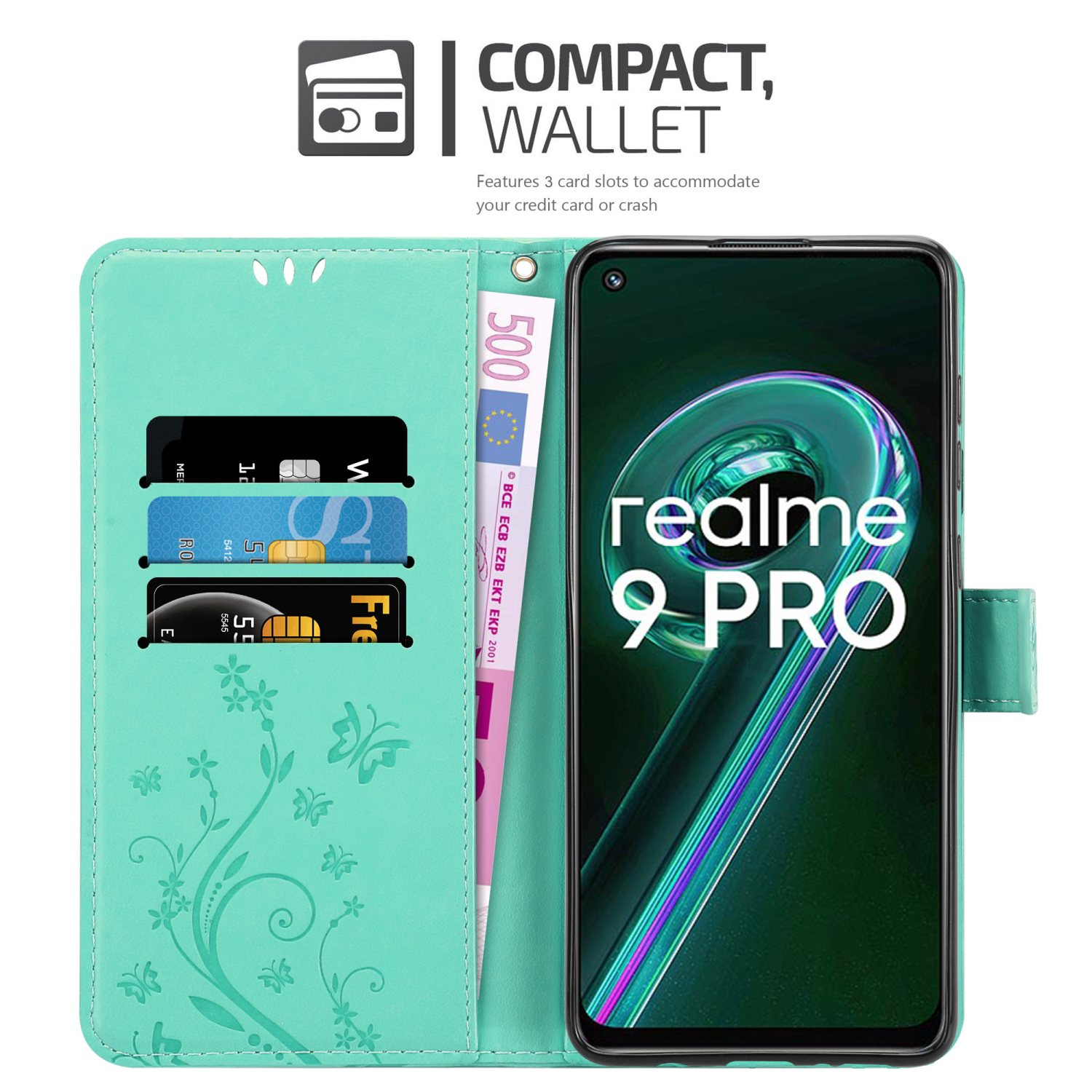 Custodia per telefono aperta con carte e denaro. Telefono mostra realme 9 Pro.